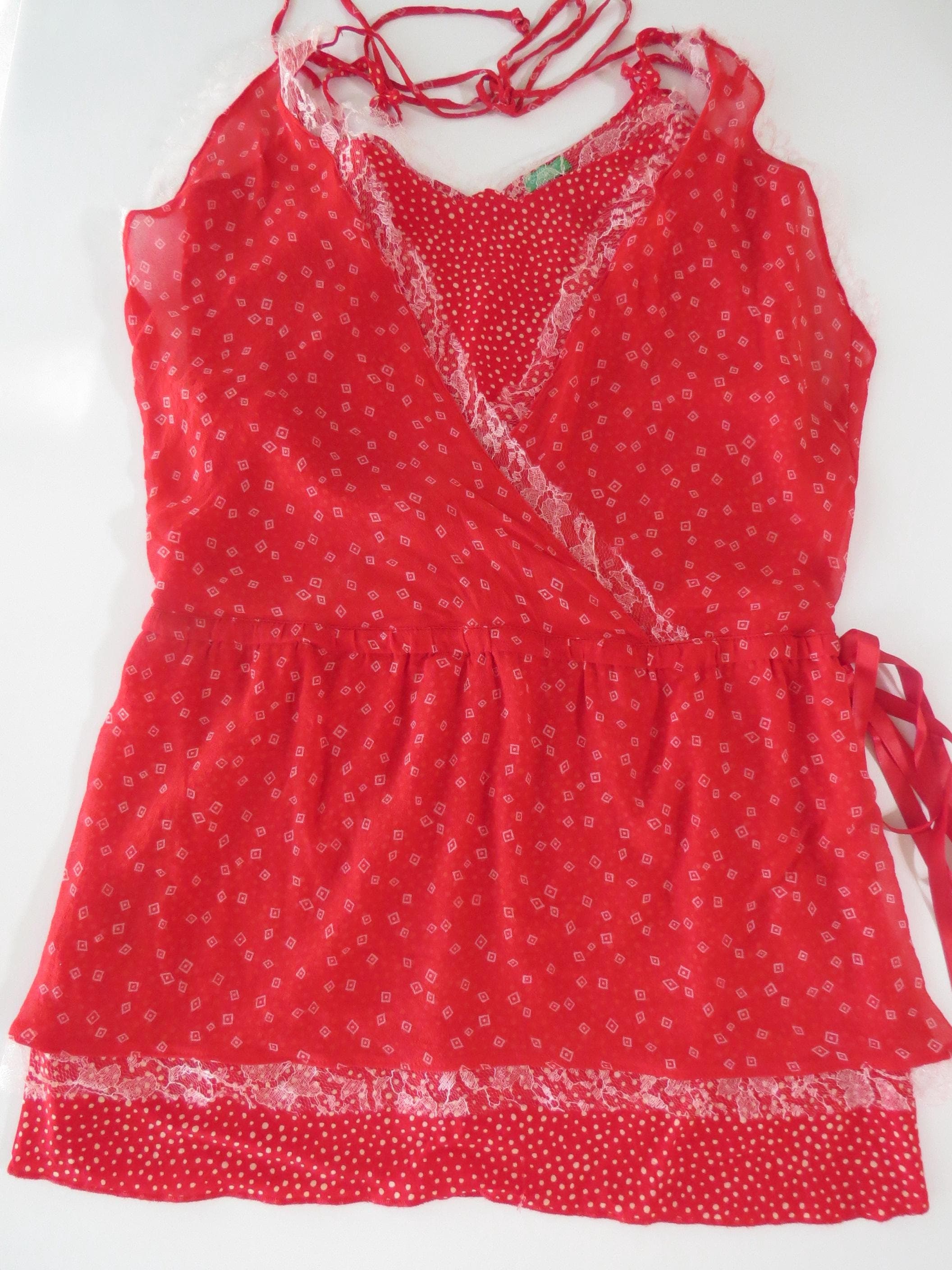 Vintage Italian Silk Lace Trim Wrap Cami Chemise Top United Colors of Benetton - Thumbnail 7