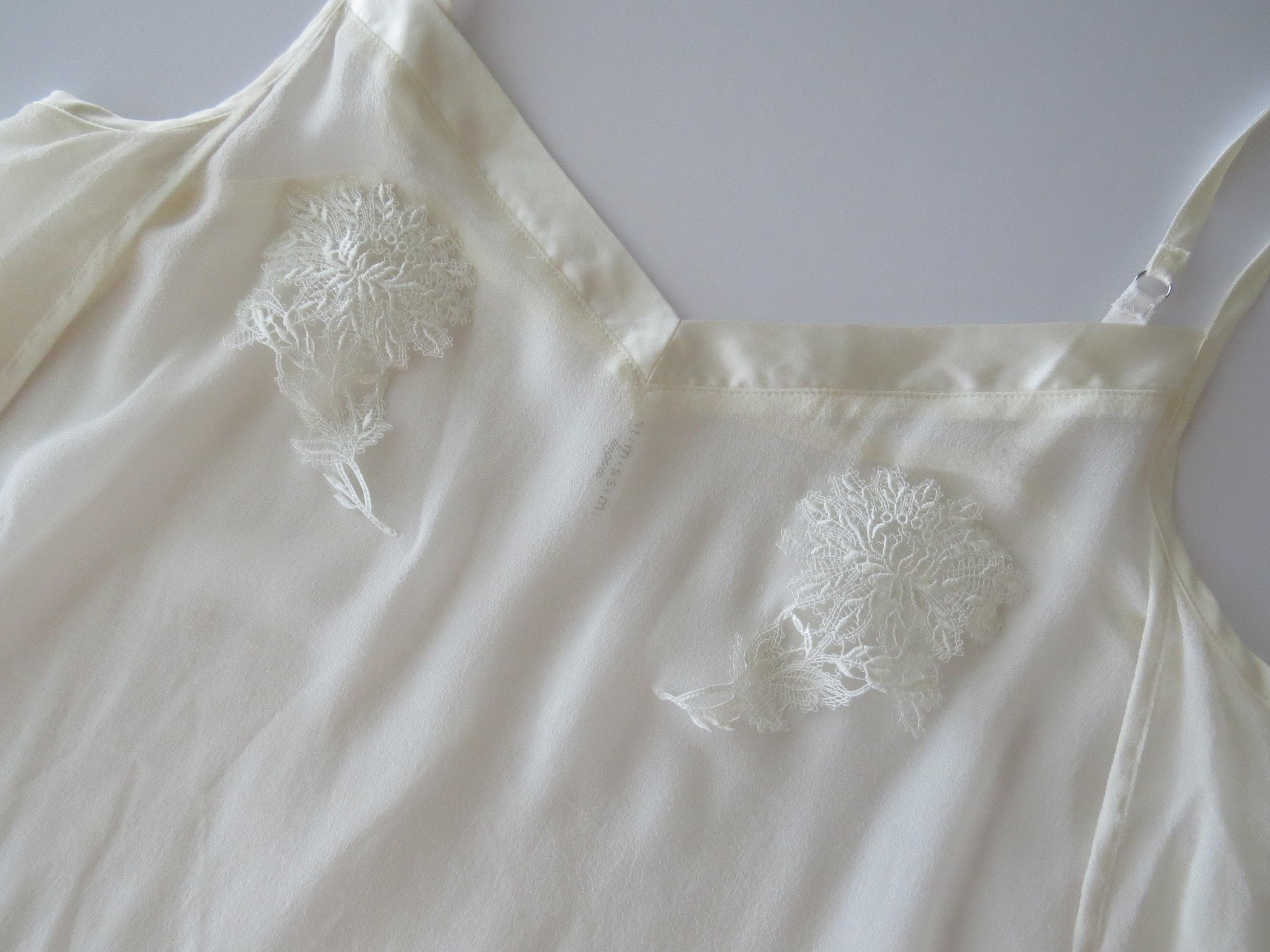 Vintage Italian Intimissimi 100% Silk Crepe Embroidered Floral Lace Applique Cream Cami, Cascade Draping