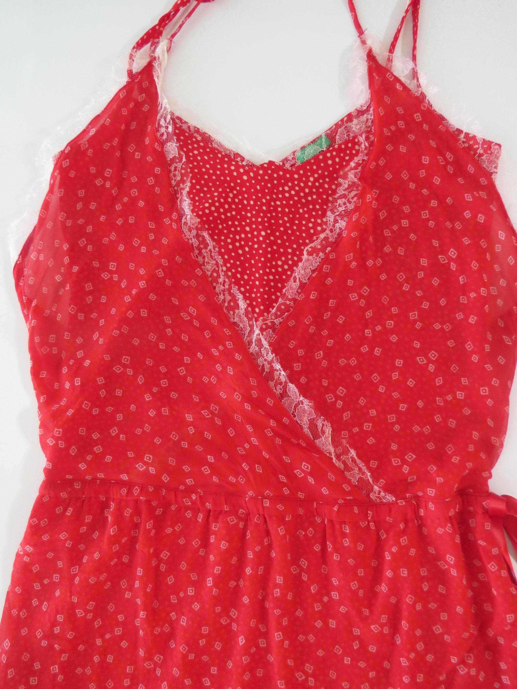 Vintage Italian Silk Lace Trim Wrap Cami Chemise Top United Colors of Benetton - Thumbnail 5