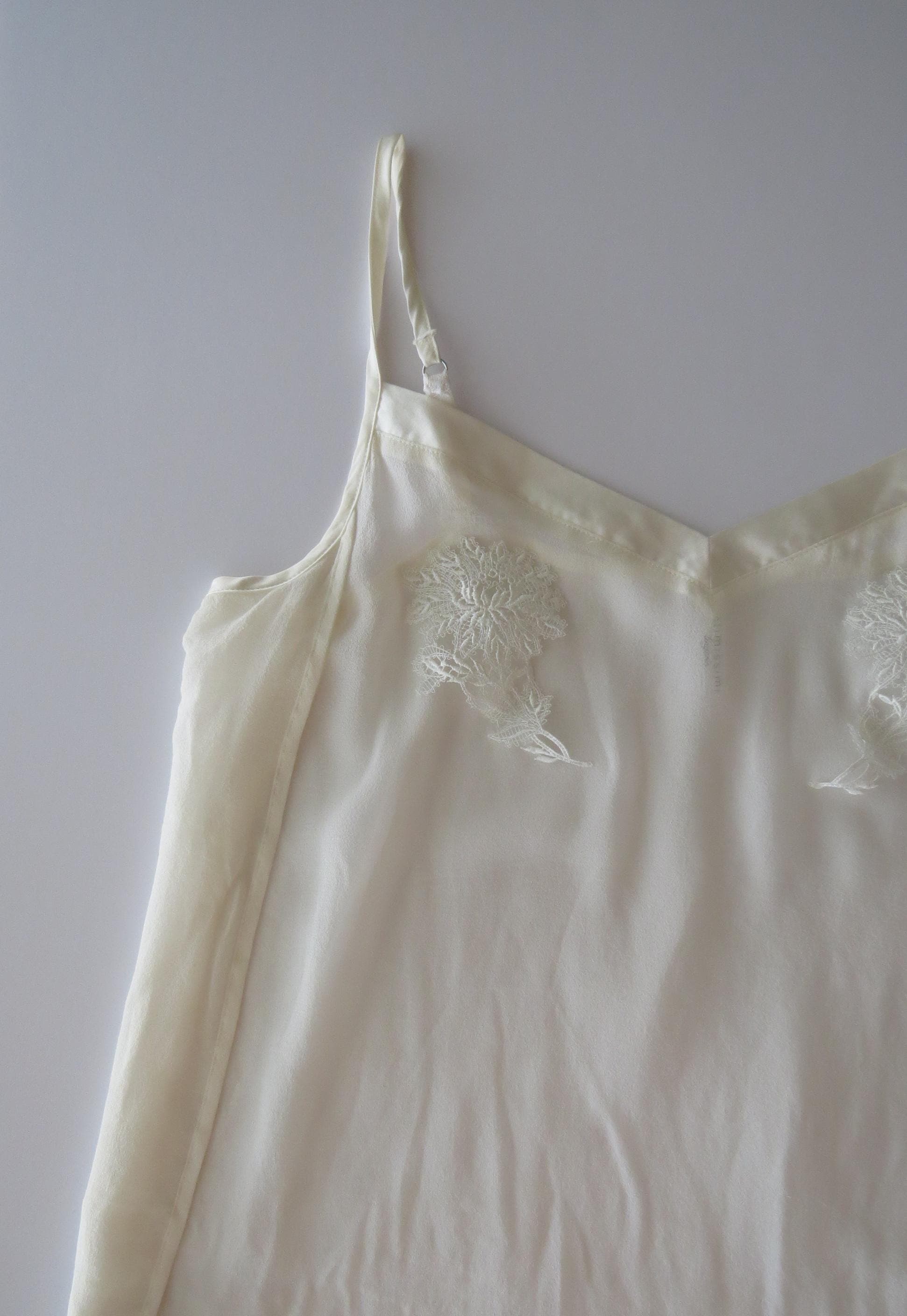 Vintage Italian Intimissimi 100% Silk Crepe Embroidered Floral Lace Applique Cream Cami, Cascade Draping - Thumbnail 4