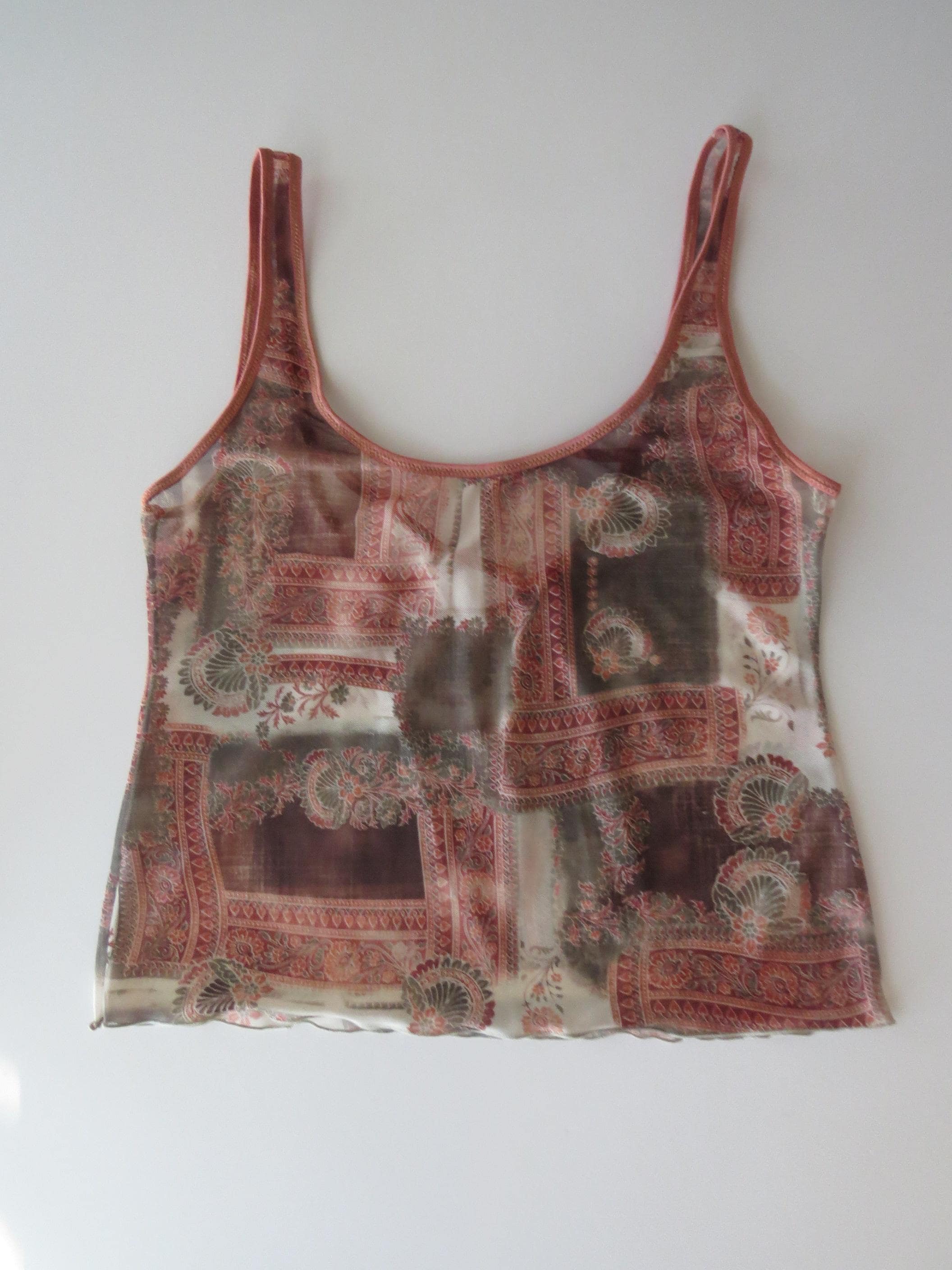 90s Italian Intimissimi Sheer Paisley Cami Top, Patchwork Print, Criss Cross Back