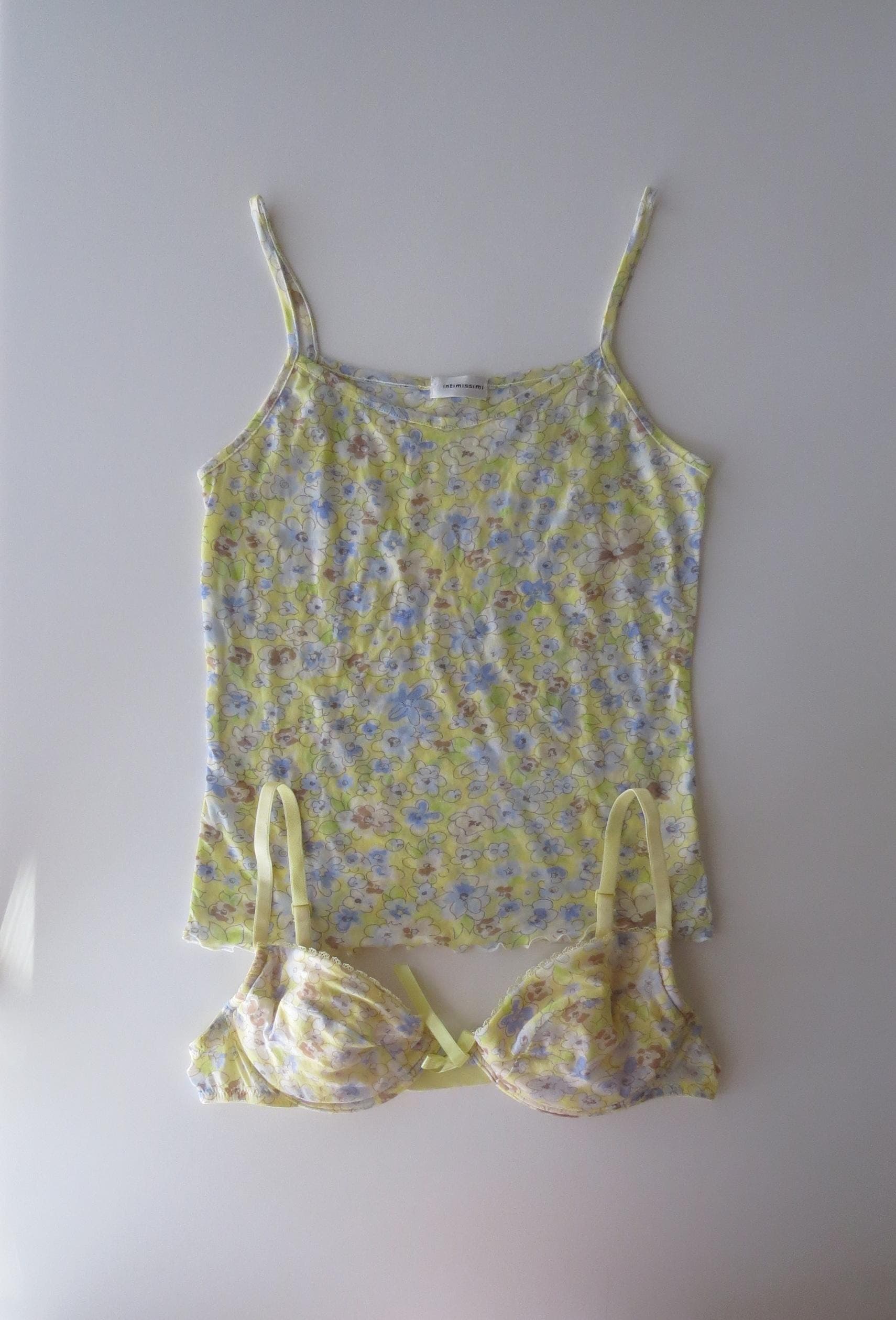 Vintage Italian Mesh Matching Cami + Bra Set - 2000s Intimissimi Floral Butter Yellow