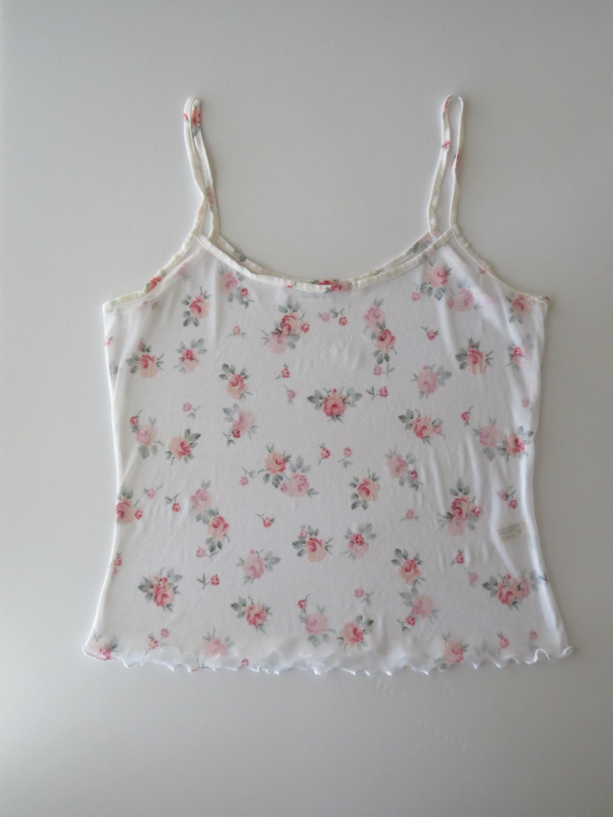 Vintage Italian Mesh Floral Sheer Cami, 2000s Lettuce Edge Hem Tank Top
