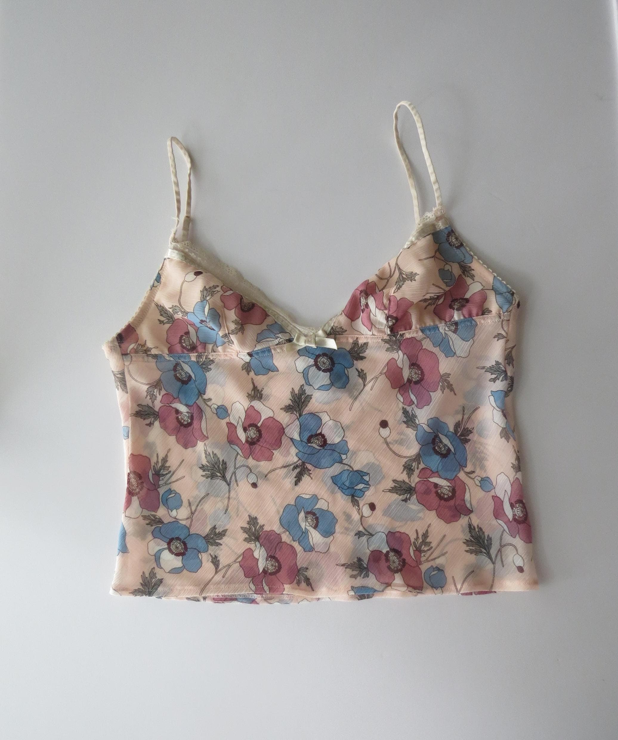 00s Italian Vintage Intimissi Floral Peach Camisole Top Cropped Bias Cut