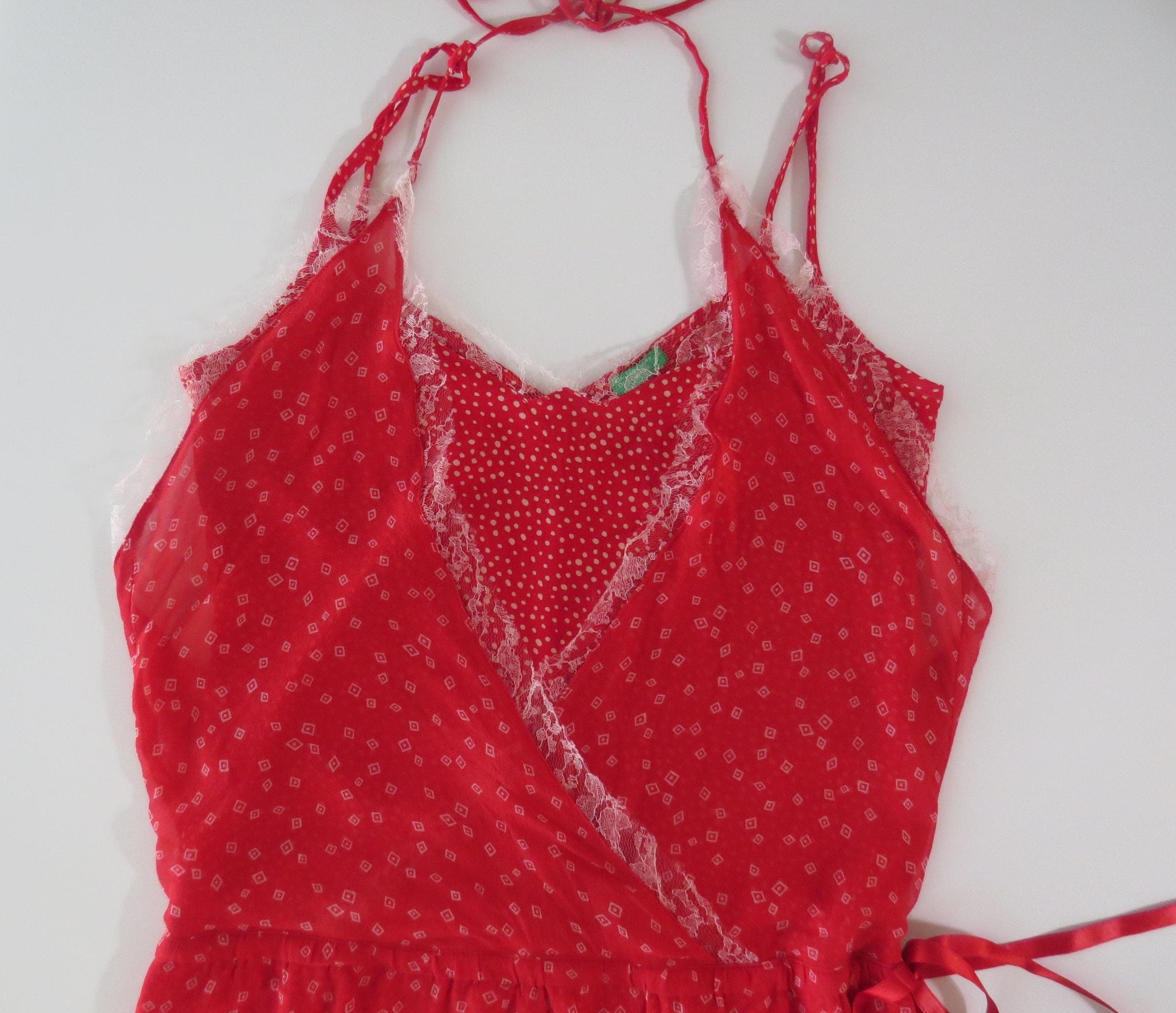 Vintage Italian Silk Lace Trim Wrap Cami Chemise Top United Colors of Benetton - Thumbnail 2