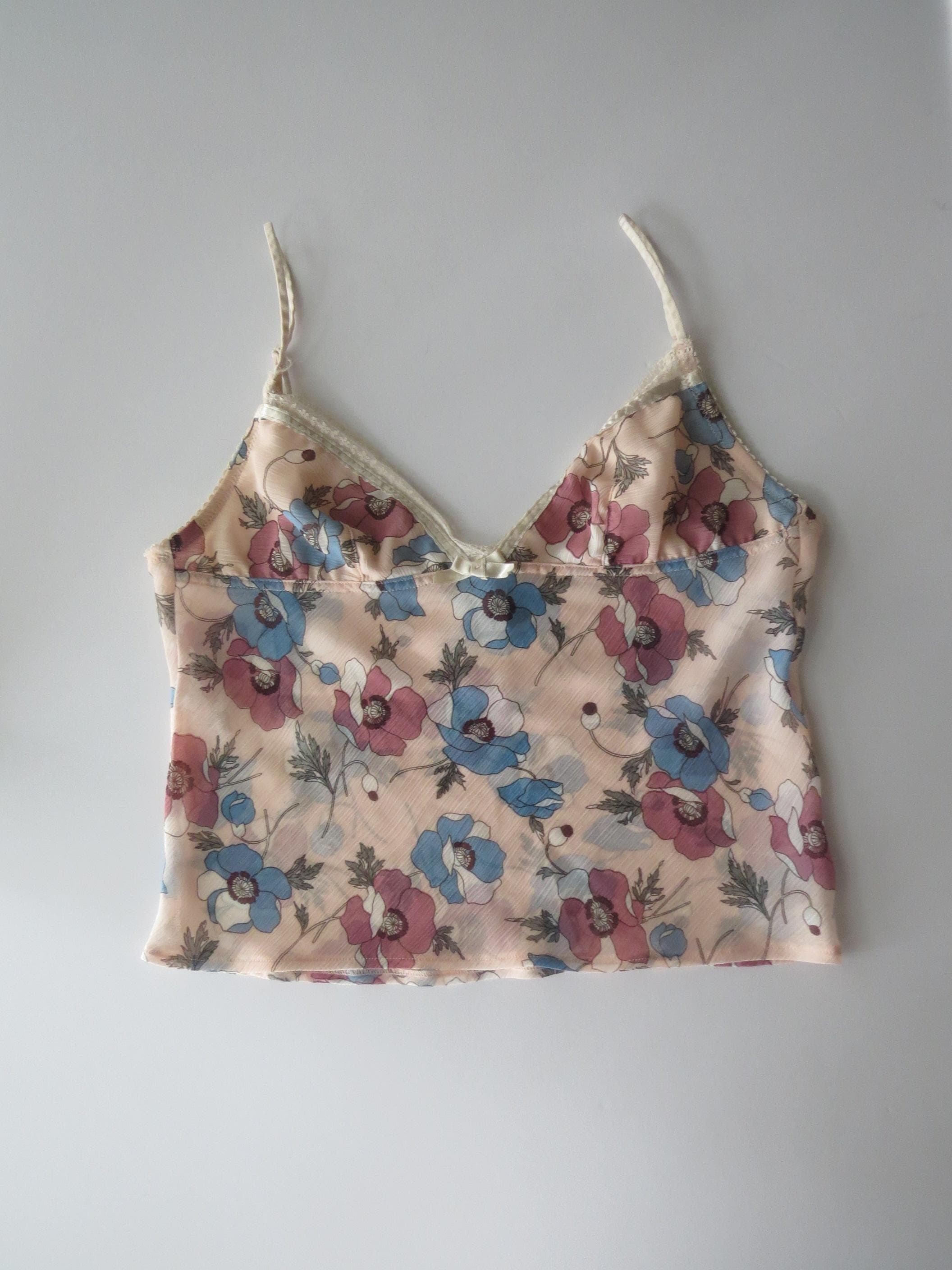00s Italian Vintage Intimissi Floral Peach Camisole Top Cropped Bias Cut - Thumbnail 7