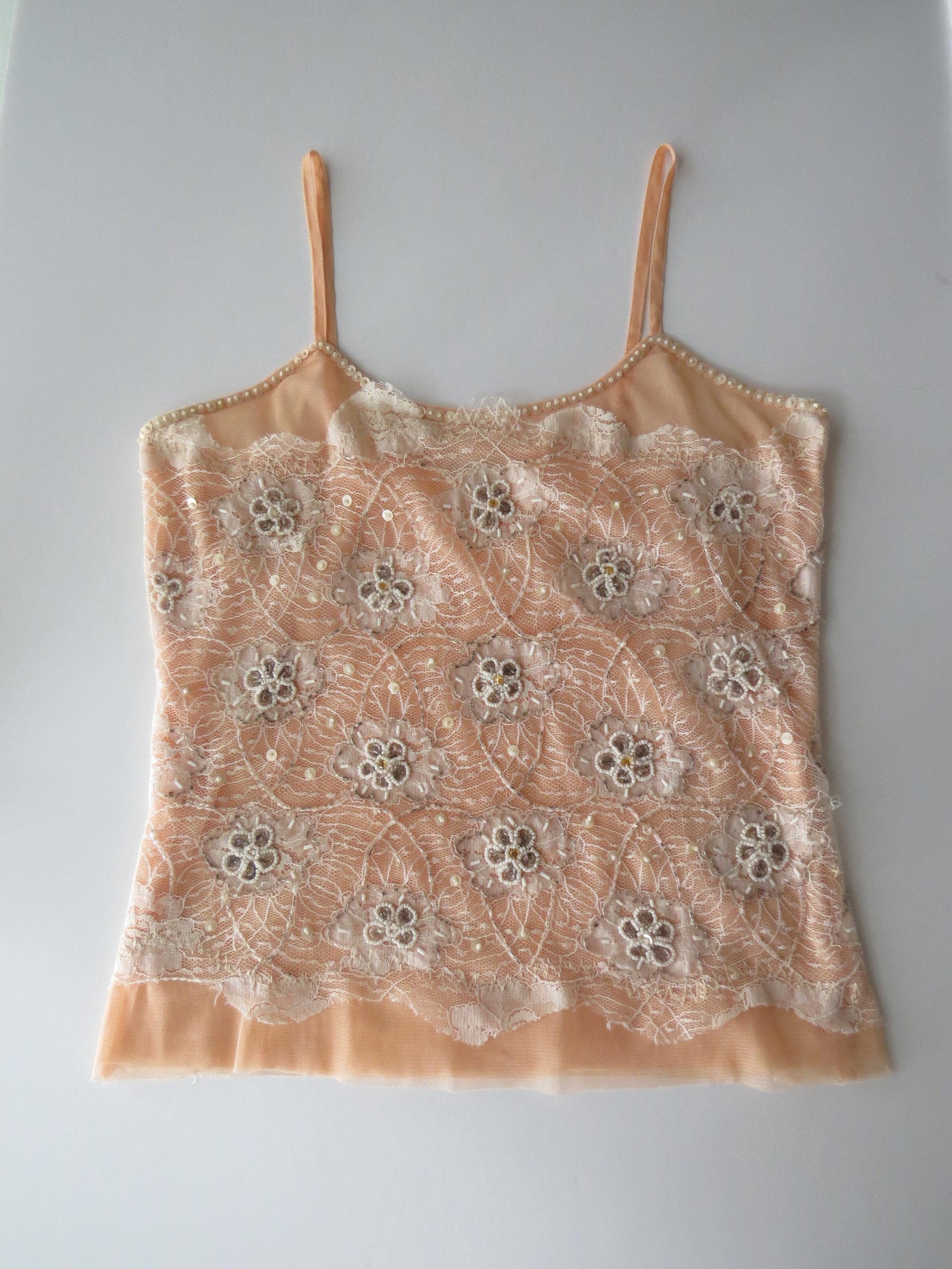 90s Vintage Italian Beaded Peach Lace Embroidered Camisole Motivi