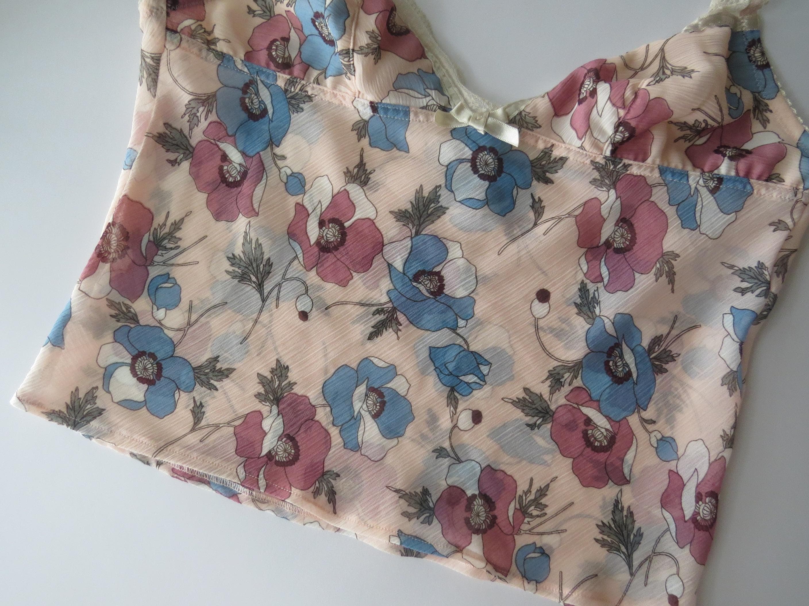 00s Italian Vintage Intimissi Floral Peach Camisole Top Cropped Bias Cut - Thumbnail 5