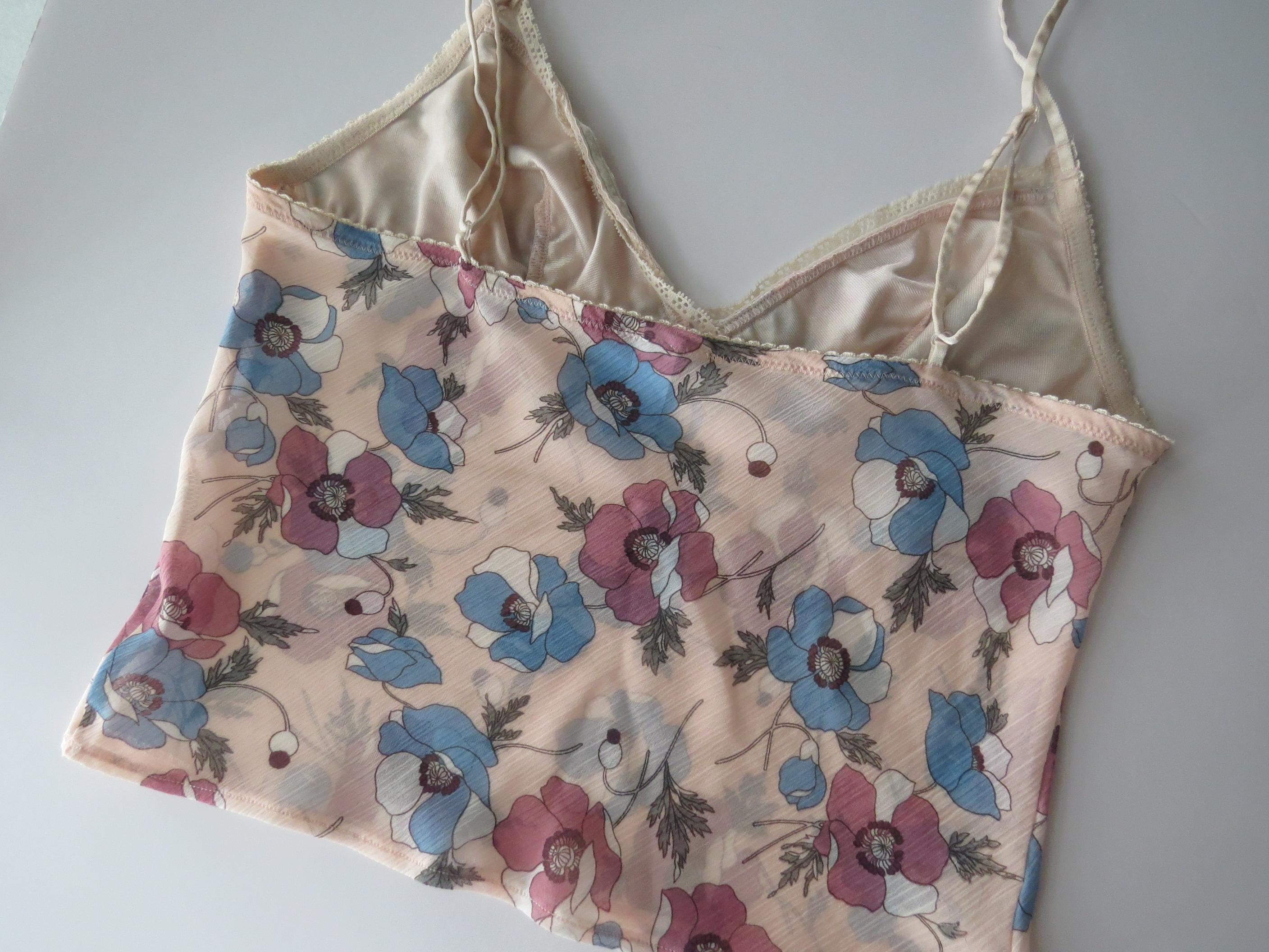 00s Italian Vintage Intimissi Floral Peach Camisole Top Cropped Bias Cut - Thumbnail 10
