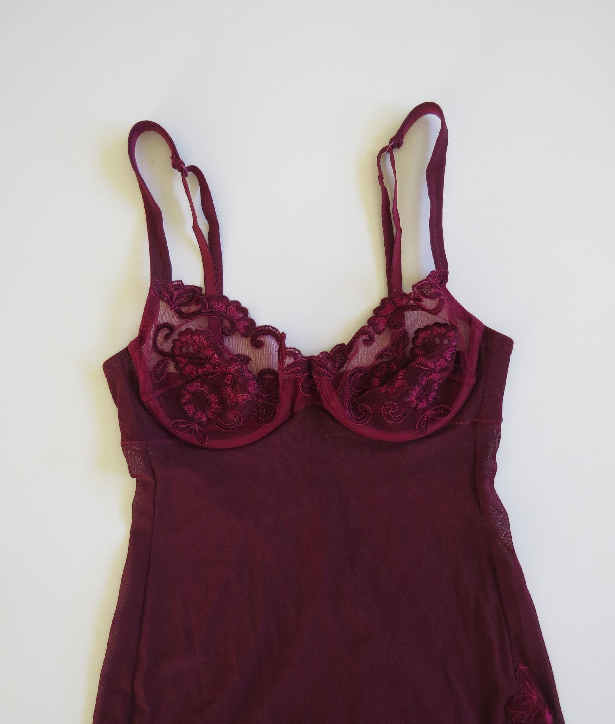 Vintage Italian La Perla Black Label Mesh Slip Dress/Chemise Deep burgundy/Wine Red