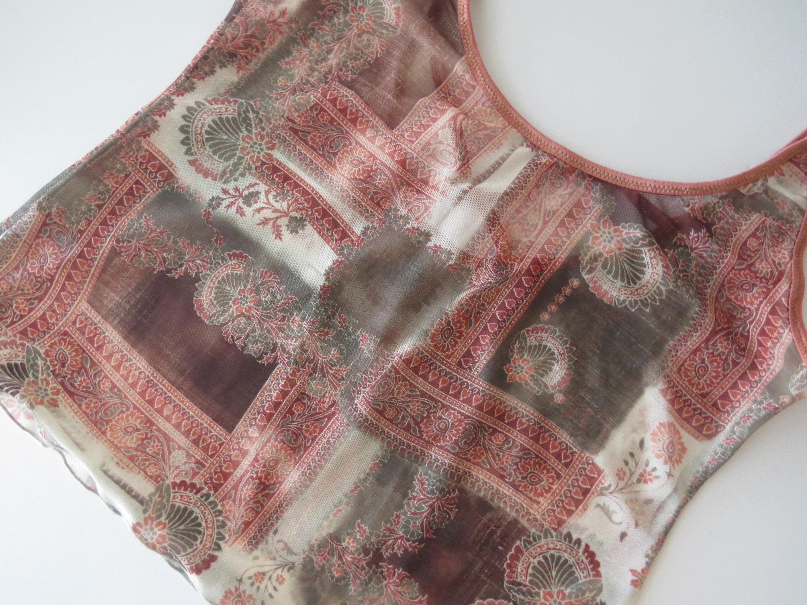 90s Italian Intimissimi Sheer Paisley Cami Top, Patchwork Print, Criss Cross Back - Thumbnail 7