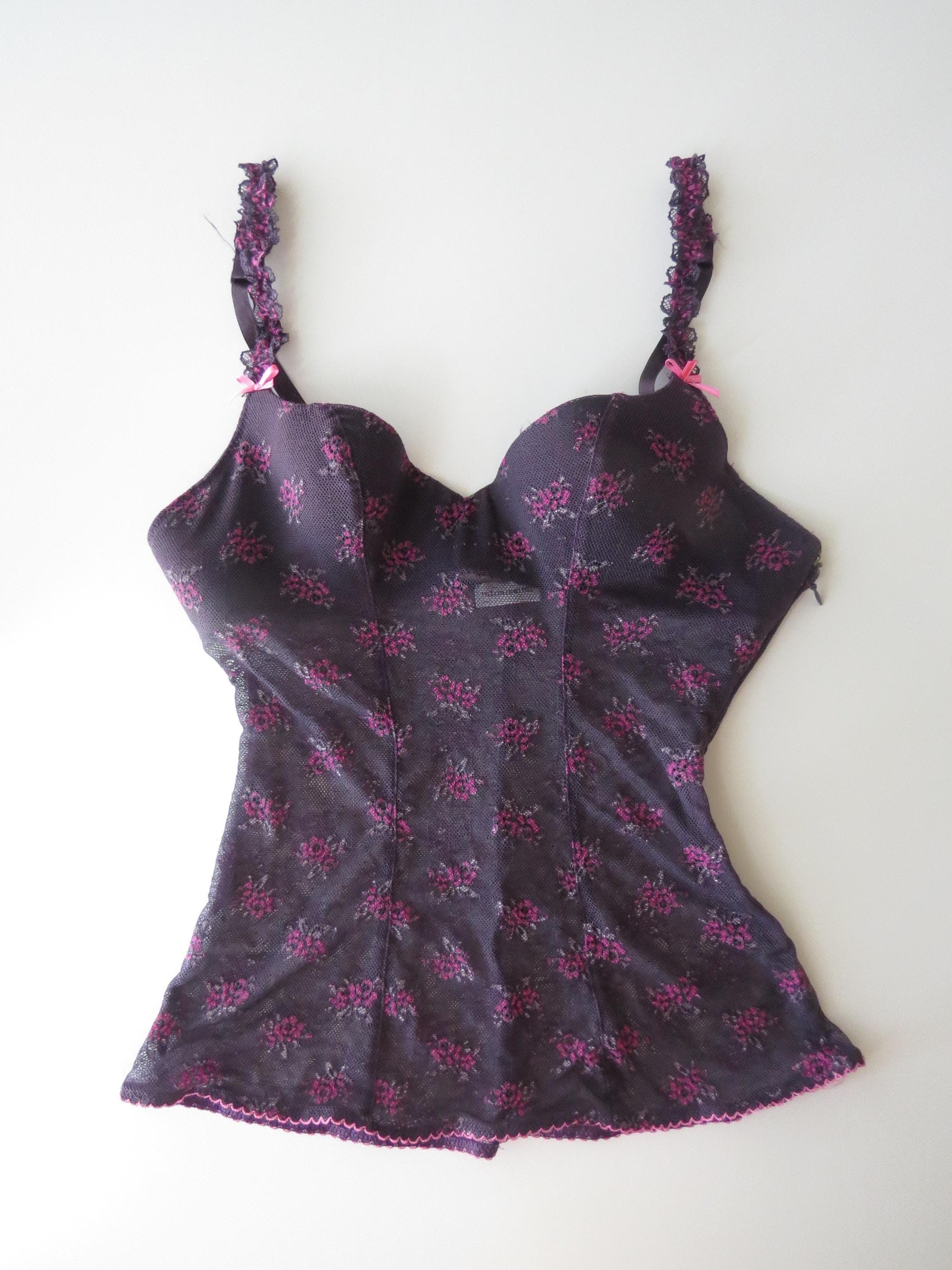 Vintage Intimissimi Plum Purple Floral Mesh Camisole Bustier Top, Italian Lace Underwire Corset Cami