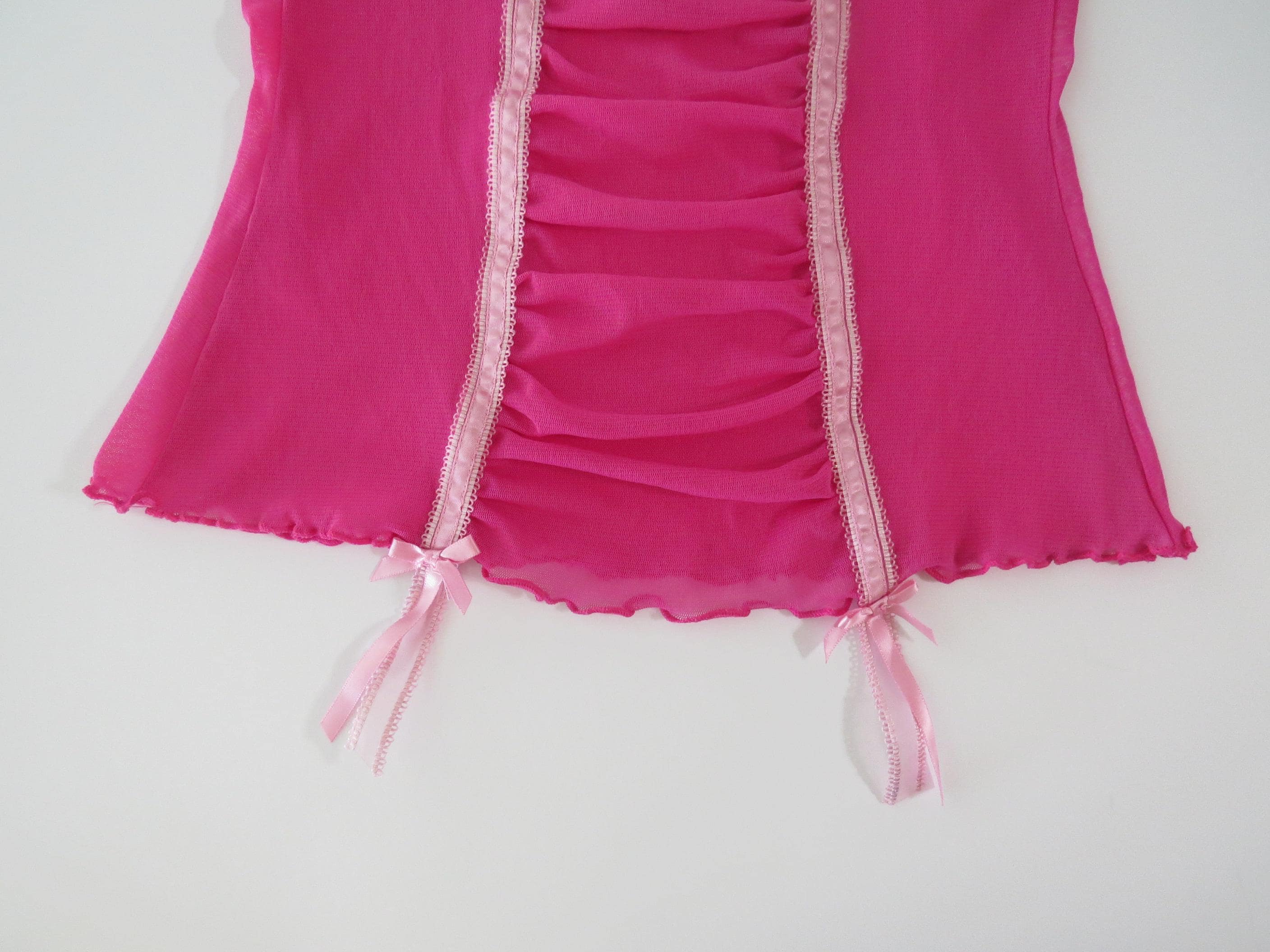 Vintage Victoria's Secret Pink Mesh Ruched Cami Top w/ Baby Pink Bows - Thumbnail 2