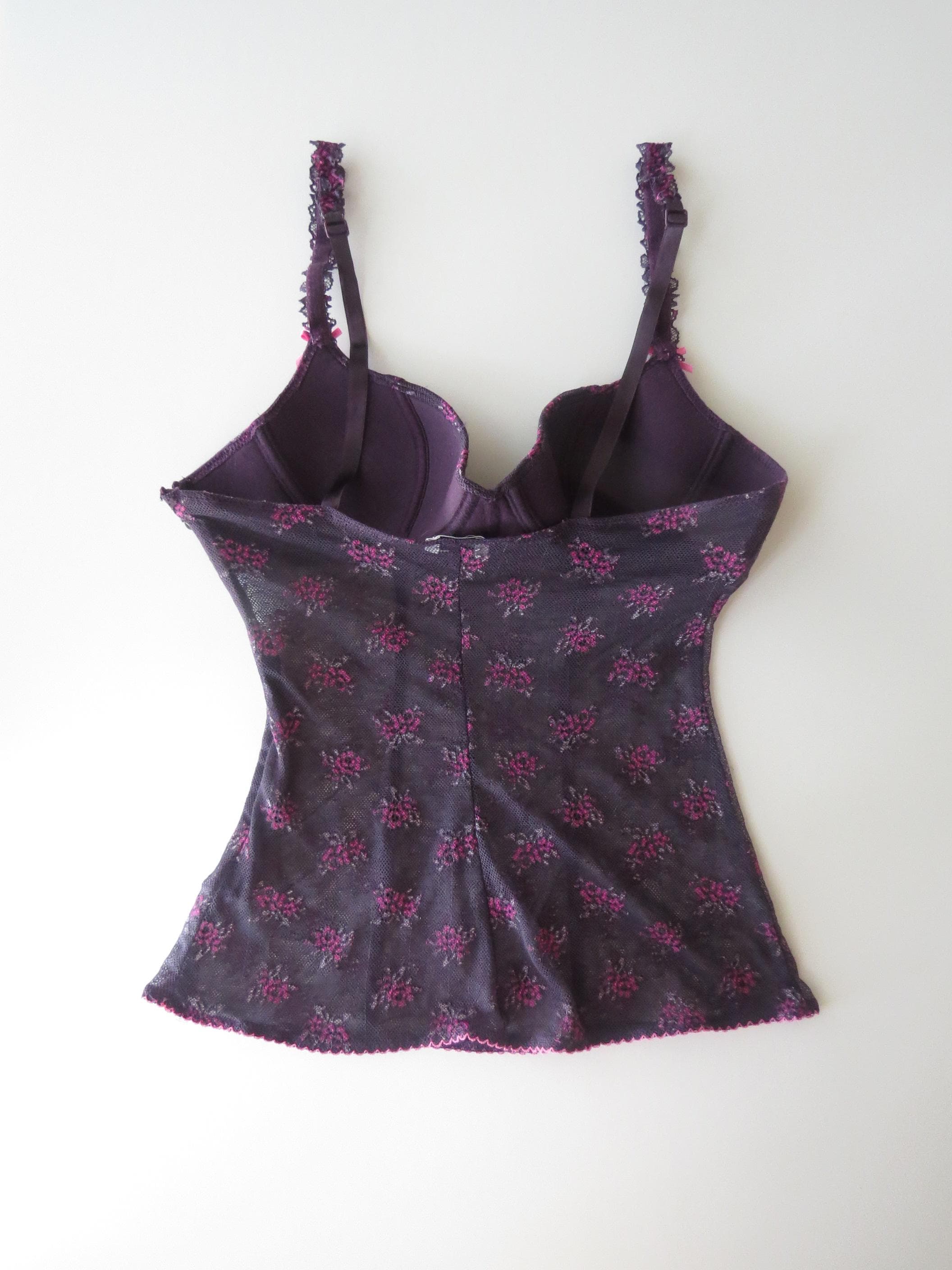 Vintage Intimissimi Plum Purple Floral Mesh Camisole Bustier Top, Italian Lace Underwire Corset Cami - Thumbnail 3
