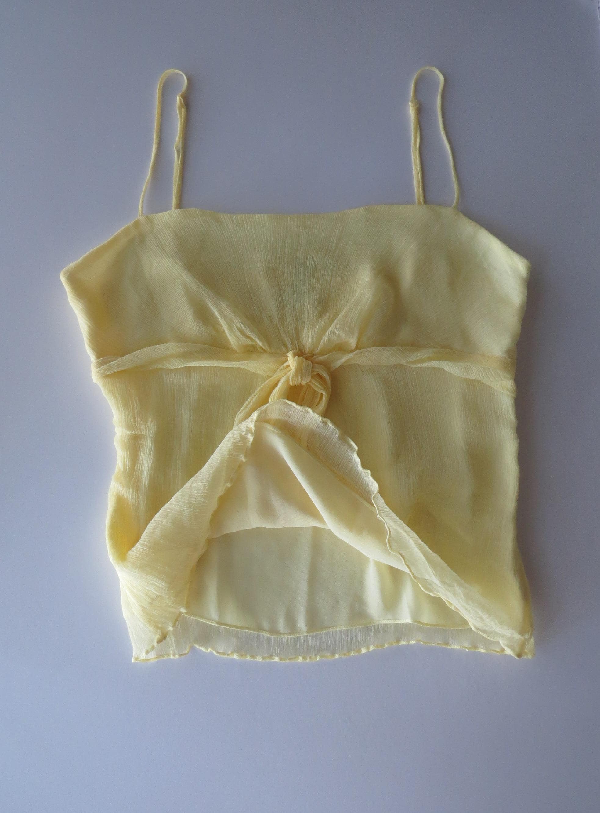 Vintage Italian 100% Silk Butter Yellow Intimissimi Crinkle Chiffon Flowy Top w/ Ties, 2000s