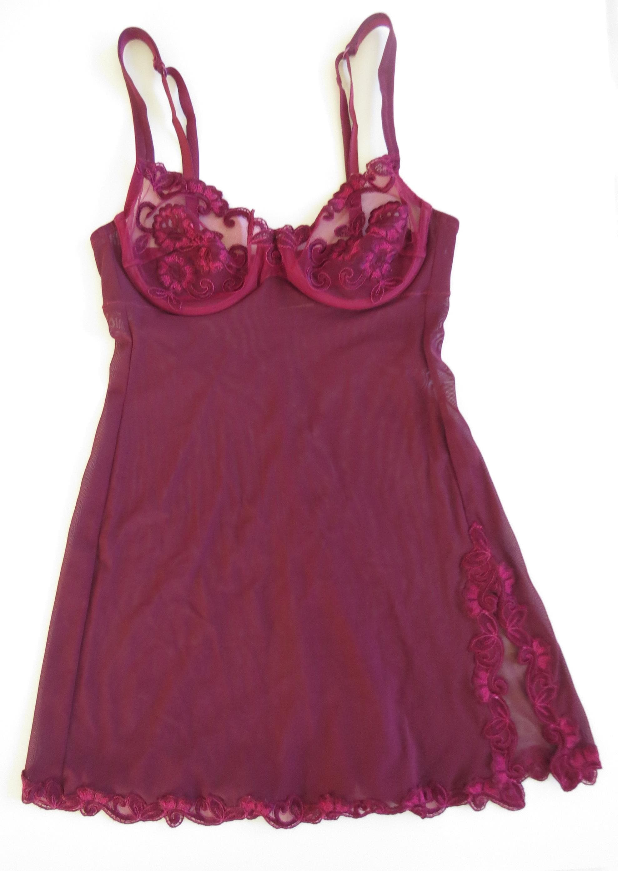 Vintage Italian La Perla Black Label Mesh Slip Dress/Chemise Deep burgundy/Wine Red - Thumbnail 2