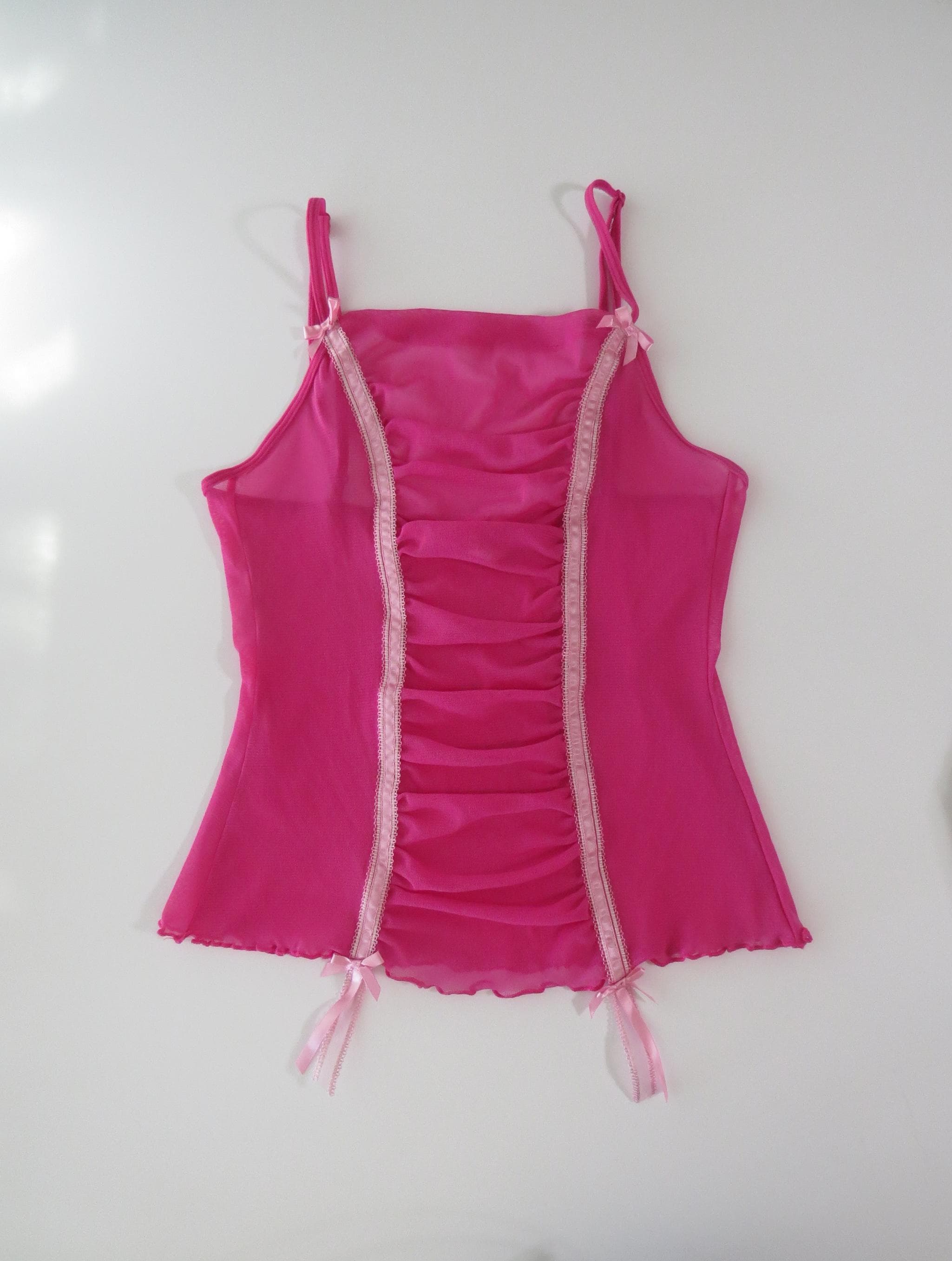 Vintage Victoria's Secret Pink Mesh Ruched Cami Top w/ Baby Pink Bows