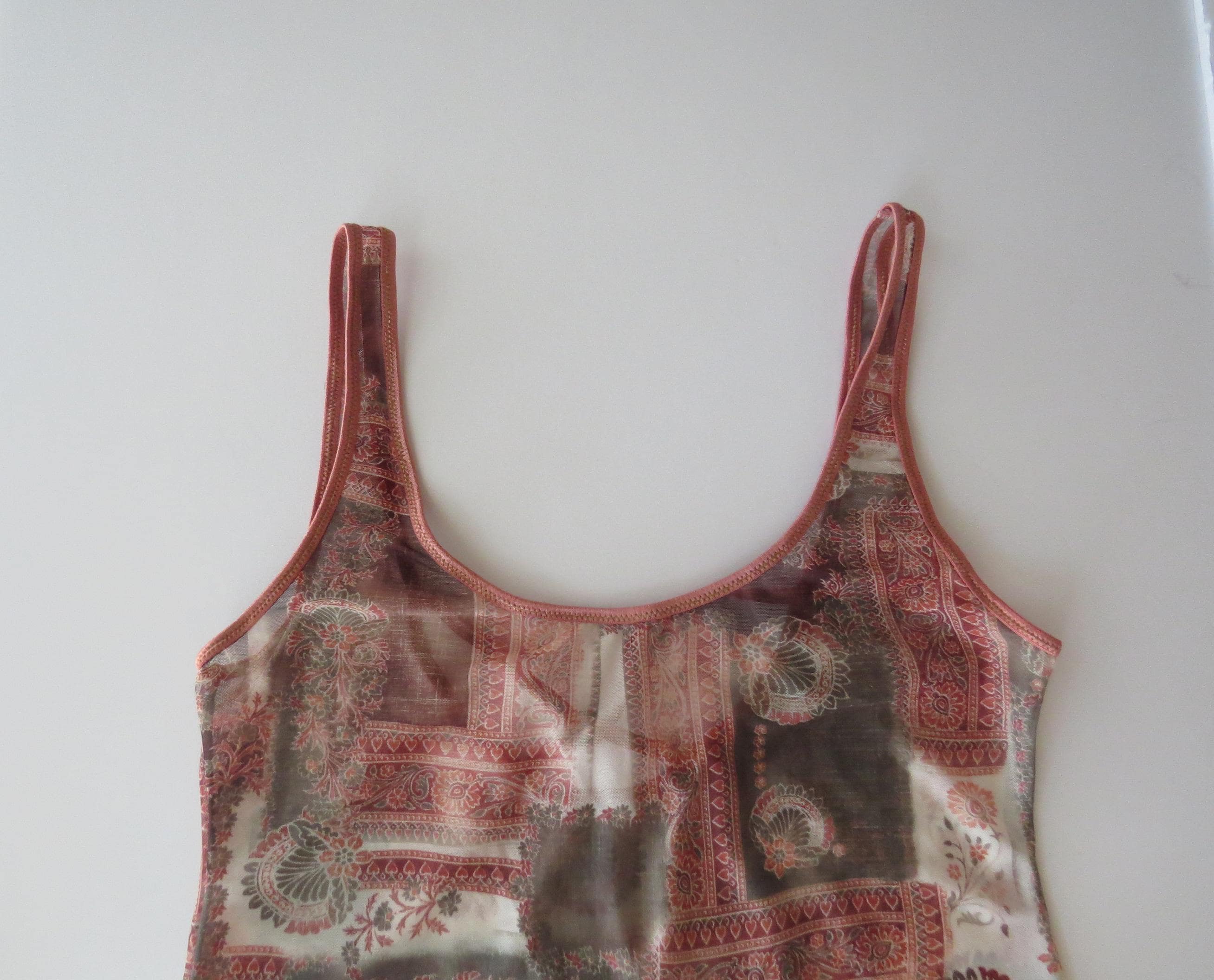 90s Italian Intimissimi Sheer Paisley Cami Top, Patchwork Print, Criss Cross Back - Thumbnail 4