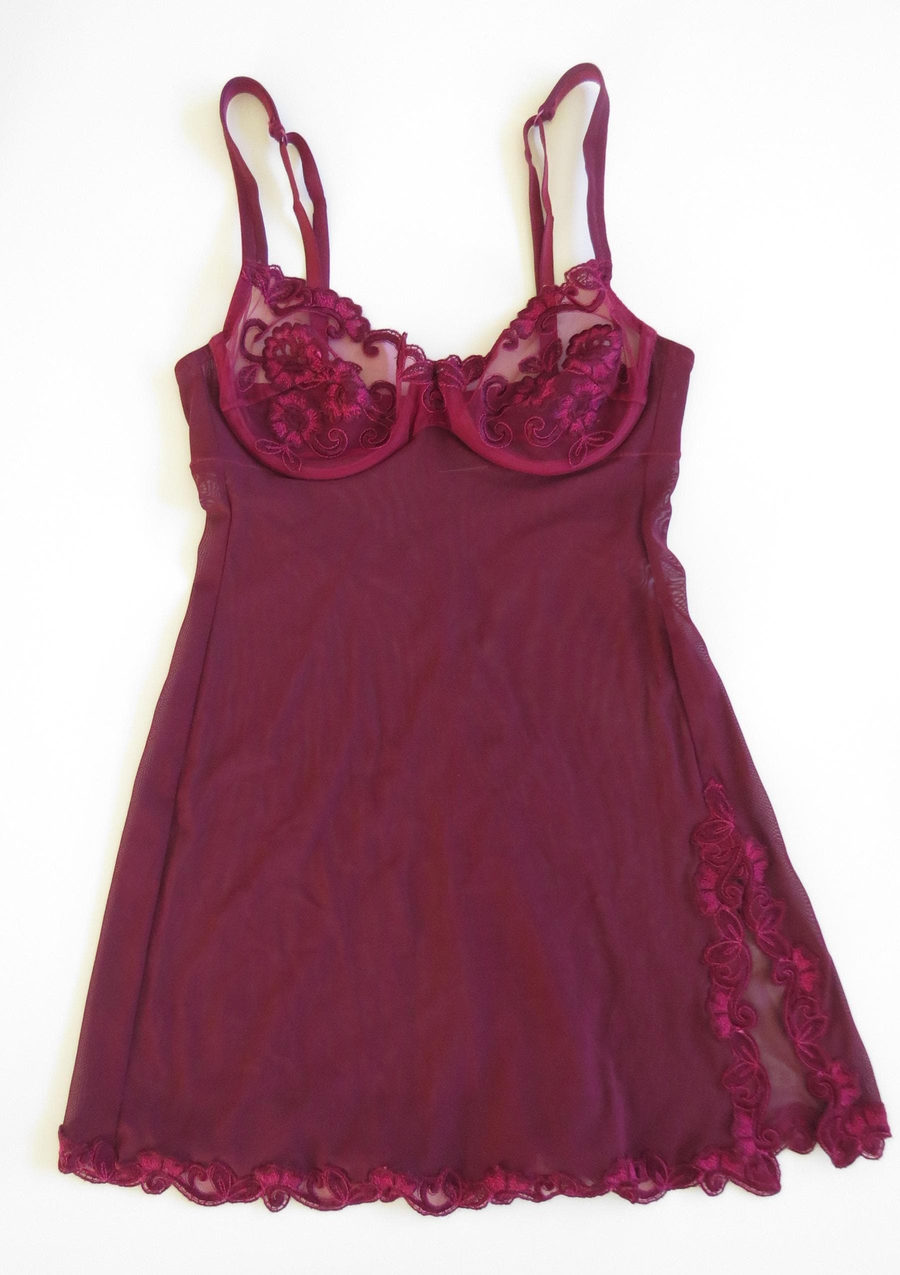 Vintage Italian La Perla Black Label Mesh Slip Dress/Chemise Deep burgundy/Wine Red - Thumbnail 5
