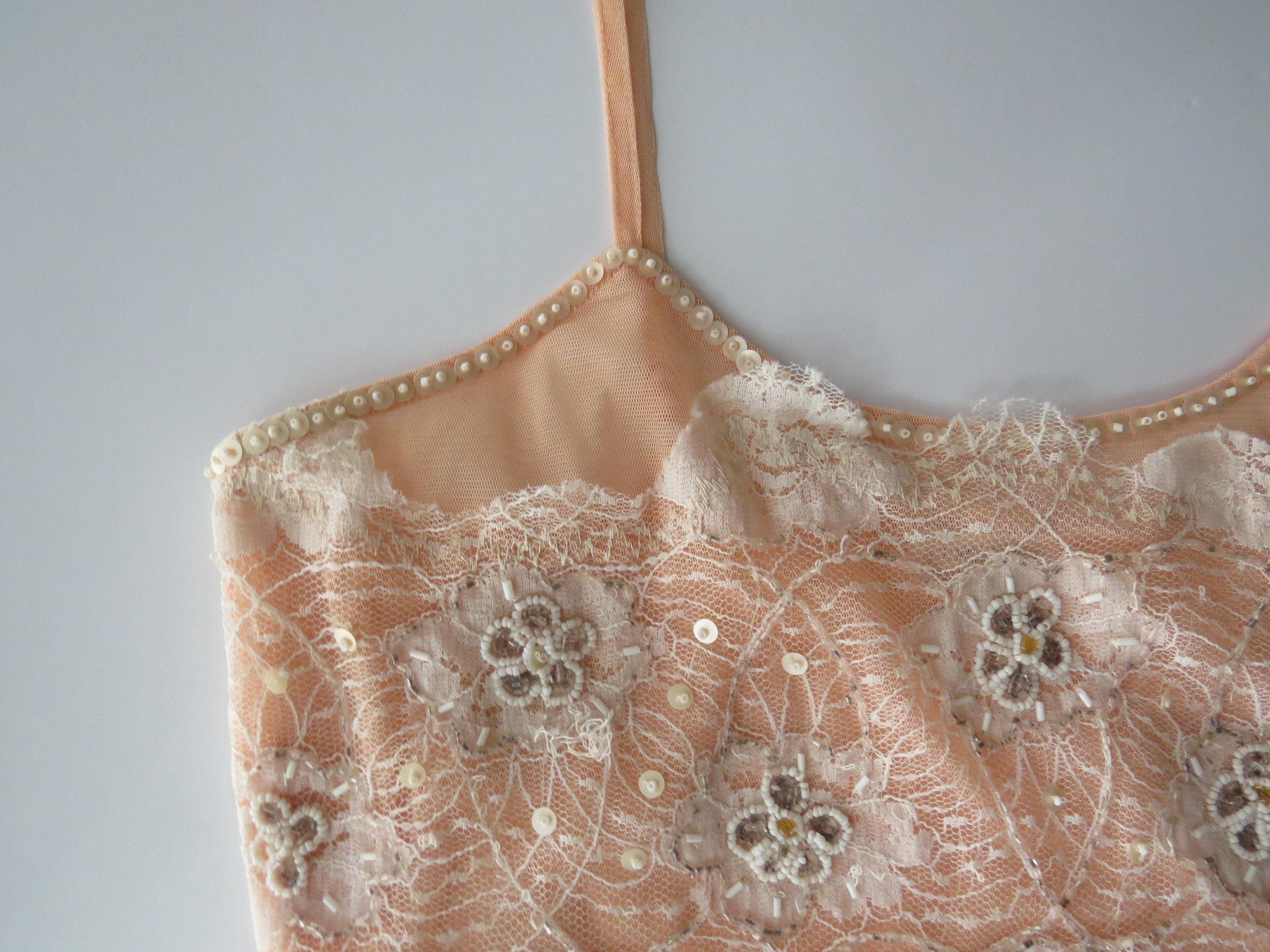 90s Vintage Italian Beaded Peach Lace Embroidered Camisole Motivi - Thumbnail 4