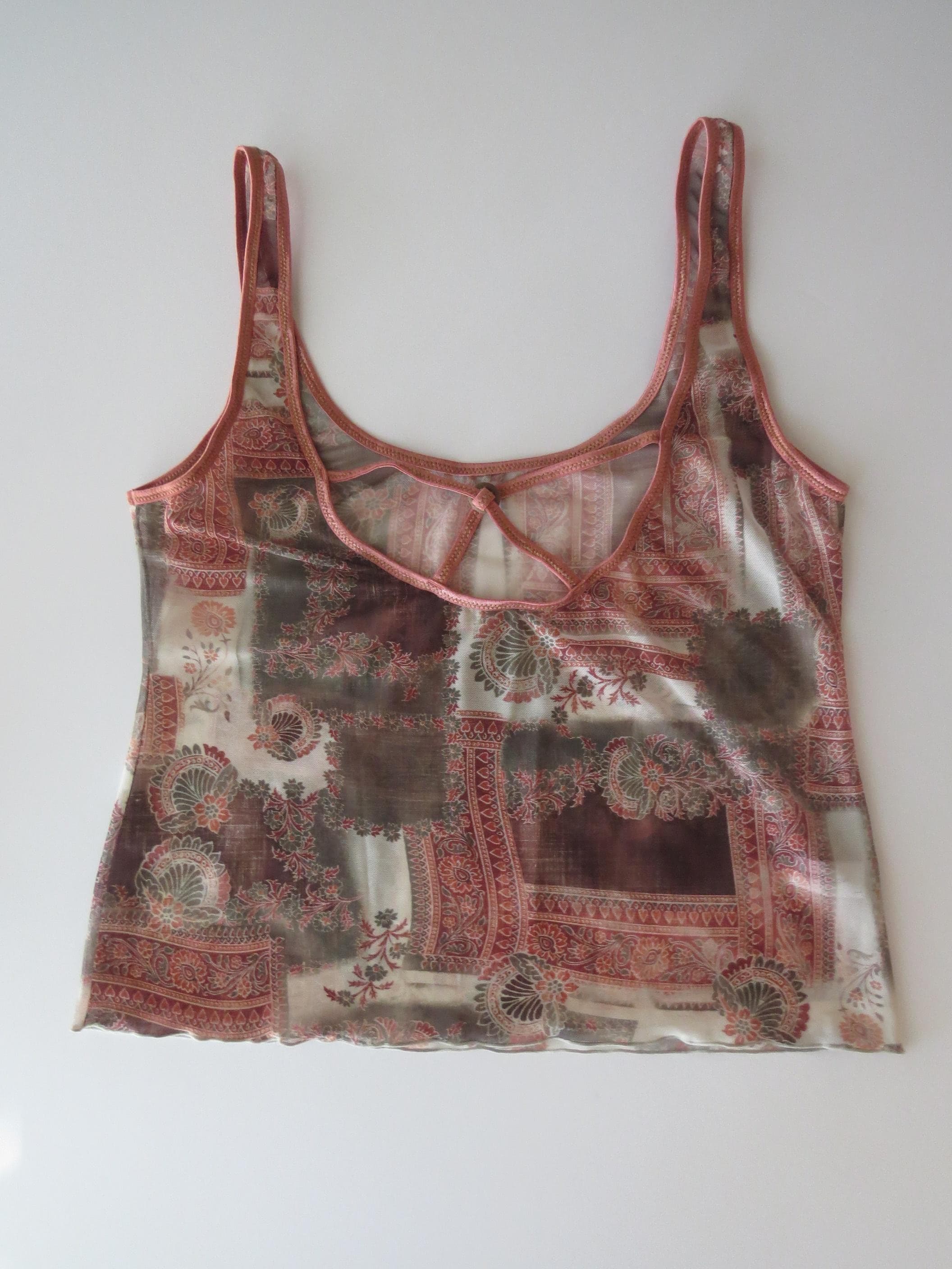 90s Italian Intimissimi Sheer Paisley Cami Top, Patchwork Print, Criss Cross Back - Thumbnail 2