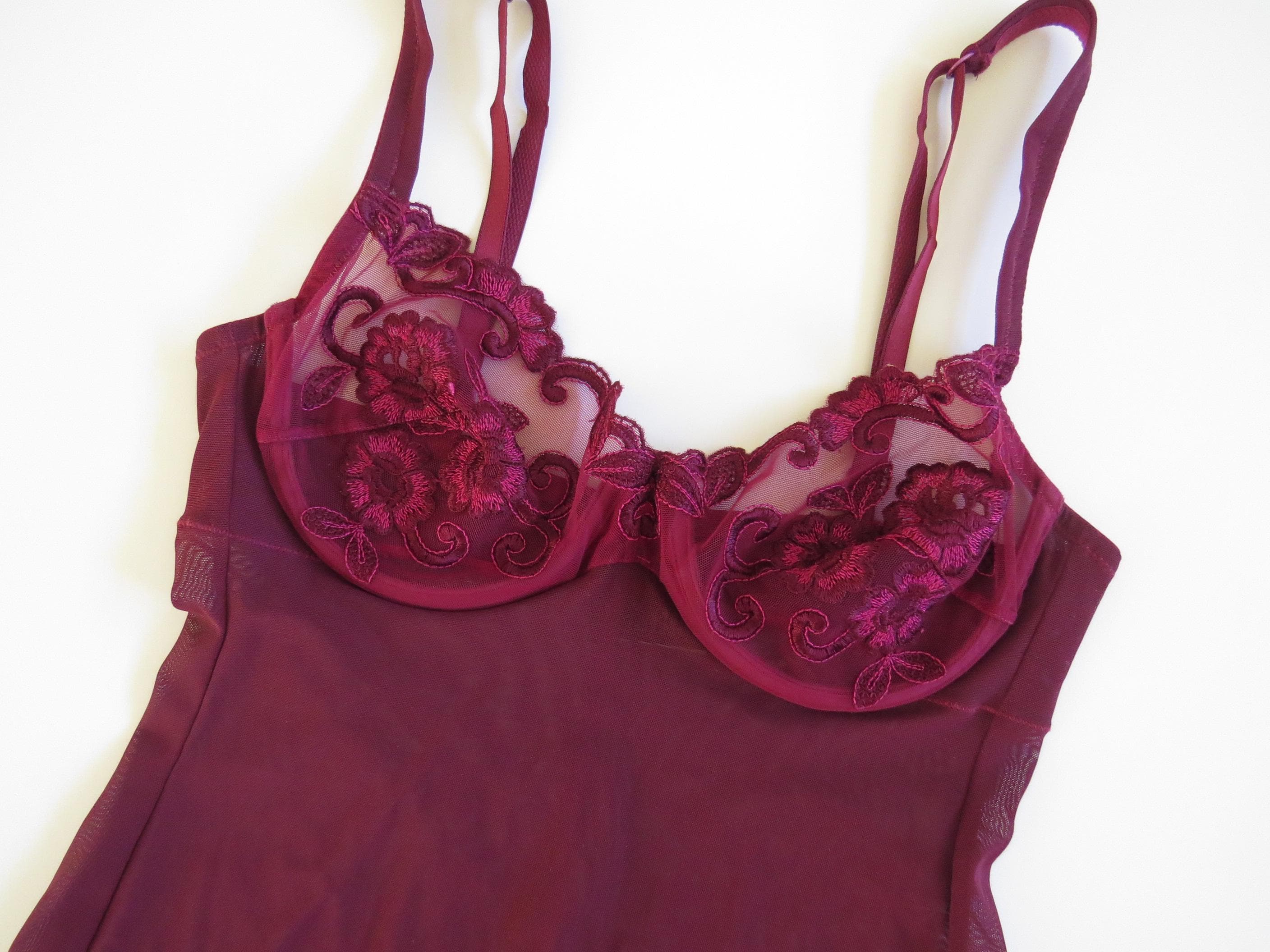 Vintage Italian La Perla Black Label Mesh Slip Dress/Chemise Deep burgundy/Wine Red - Thumbnail 3