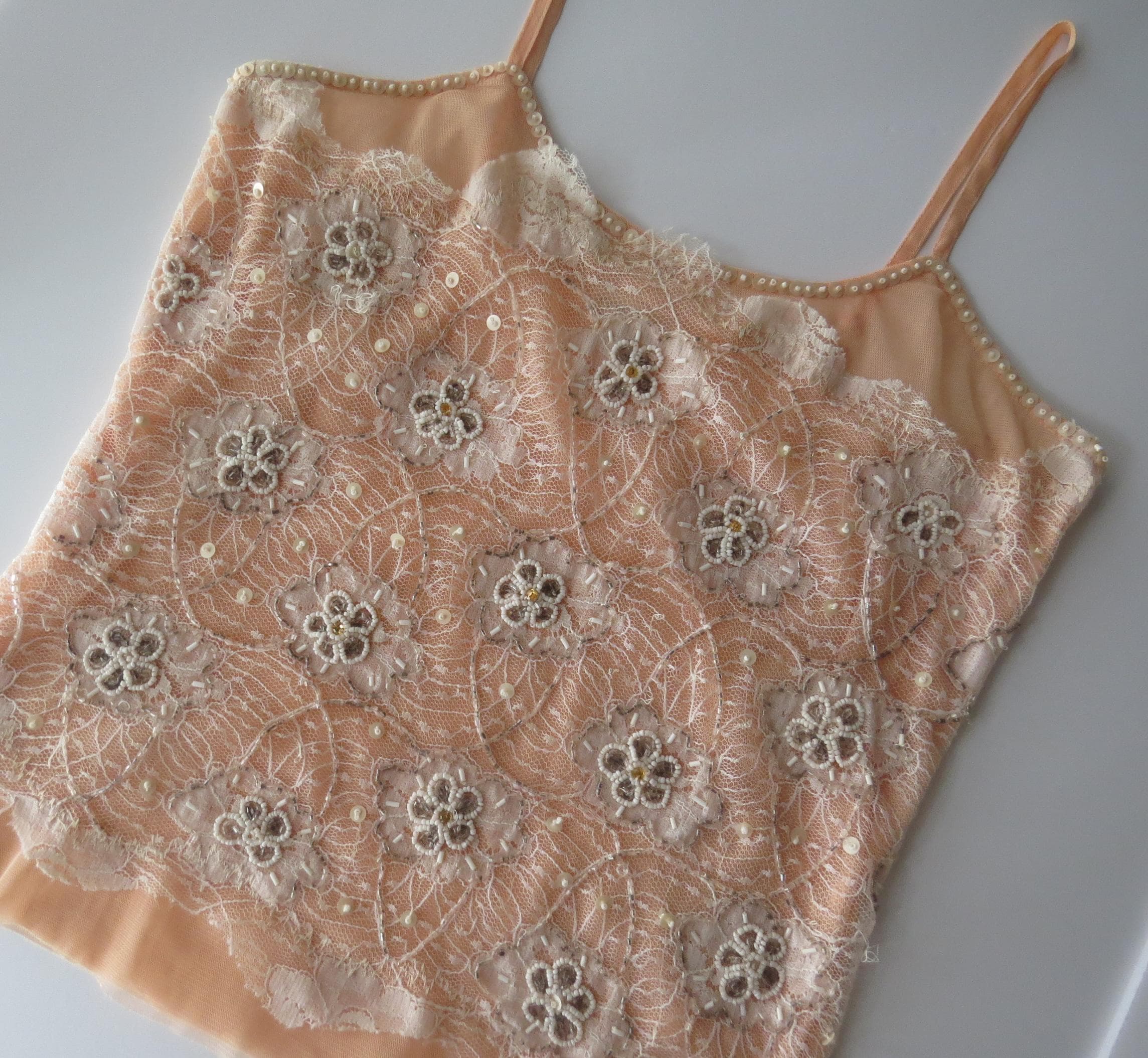 90s Vintage Italian Beaded Peach Lace Embroidered Camisole Motivi - Thumbnail 2