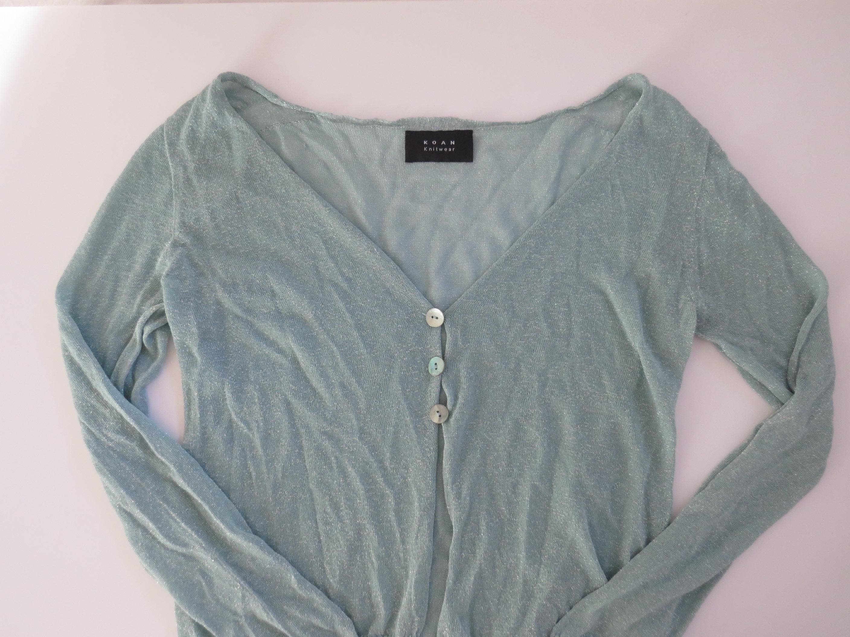 KOAN Metallic Shimmer Knit Cardigan 90s Mint Green Sheer Lurex Italian Size S