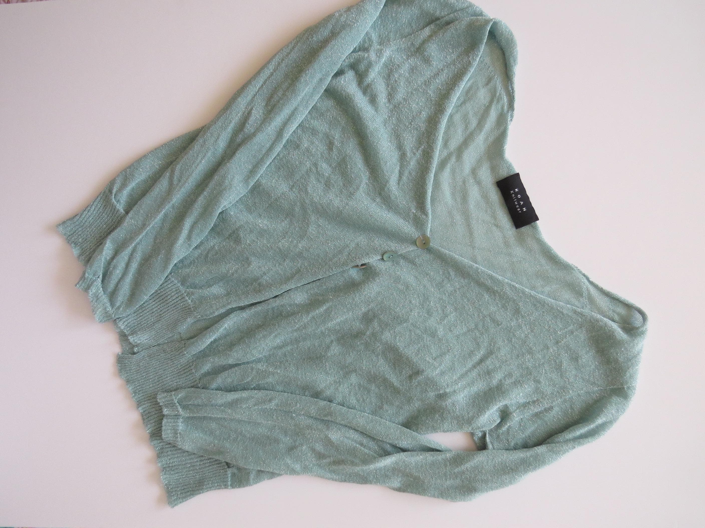 KOAN Metallic Shimmer Knit Cardigan 90s Mint Green Sheer Lurex Italian Size S - Thumbnail 4