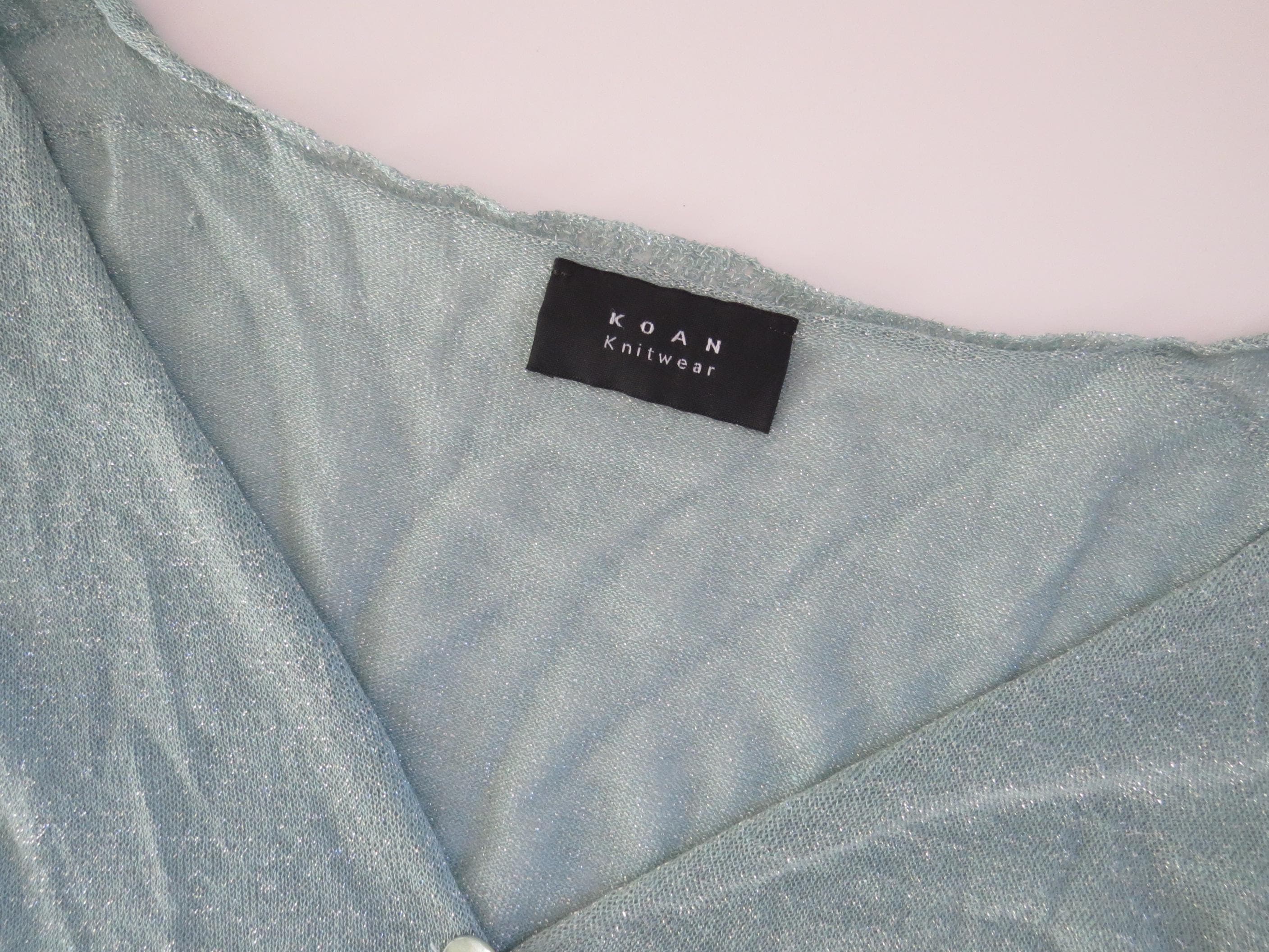 KOAN Metallic Shimmer Knit Cardigan 90s Mint Green Sheer Lurex Italian Size S - Thumbnail 2