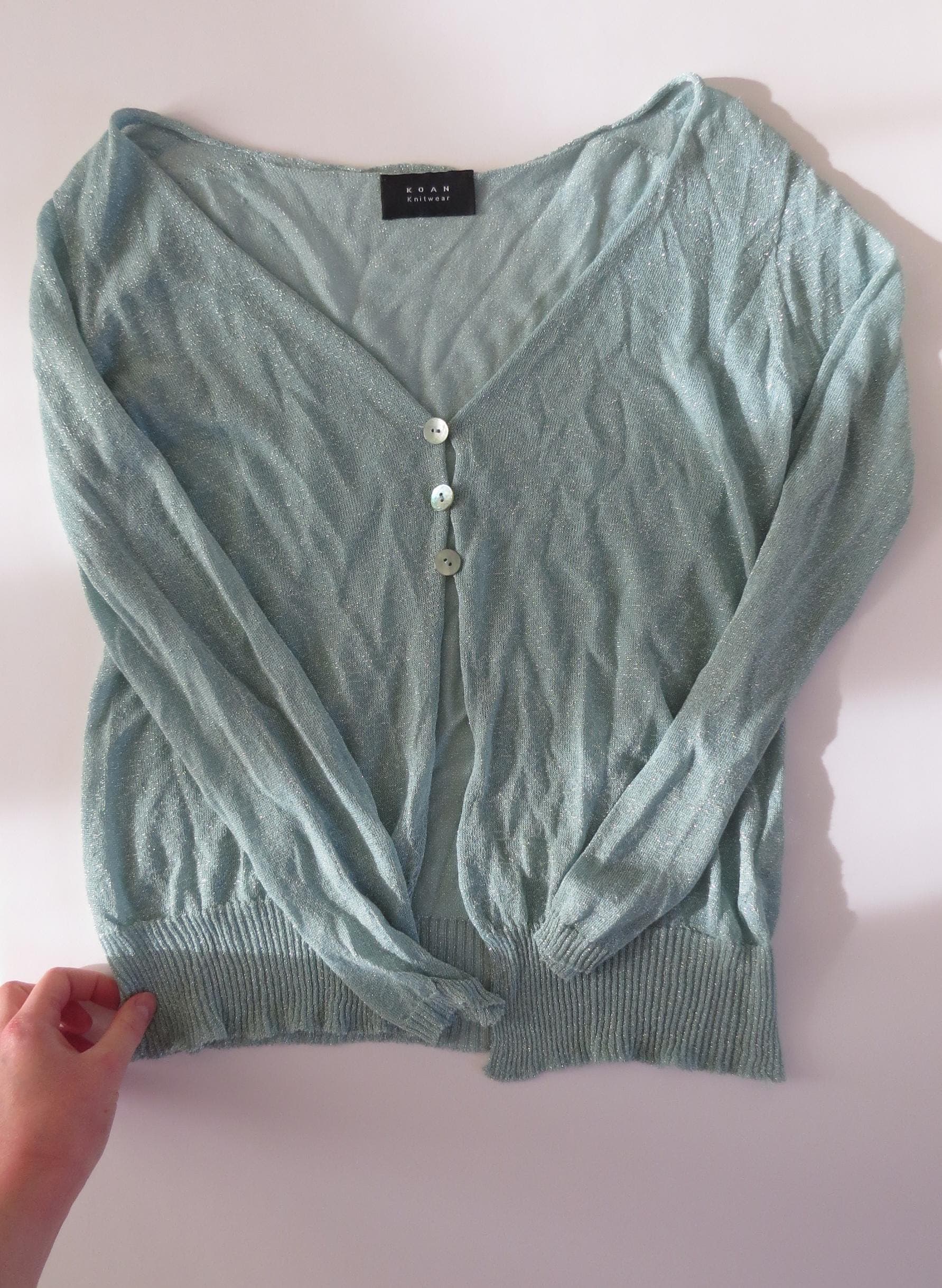 KOAN Metallic Shimmer Knit Cardigan 90s Mint Green Sheer Lurex Italian Size S - Thumbnail 3