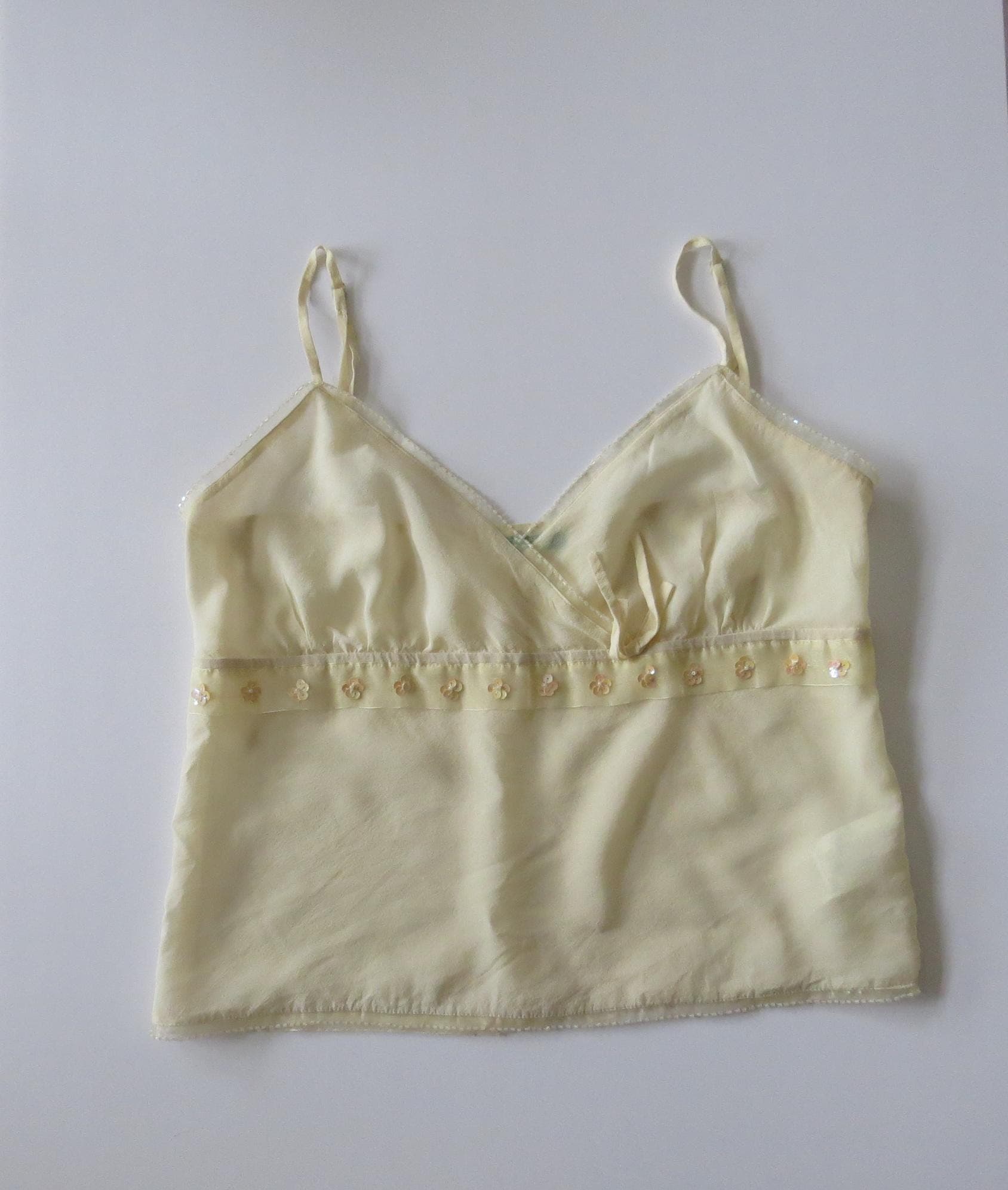 Vintage Italian Silk Butter Yellow Beaded Camisole, Sequins Cami, Made in Italy