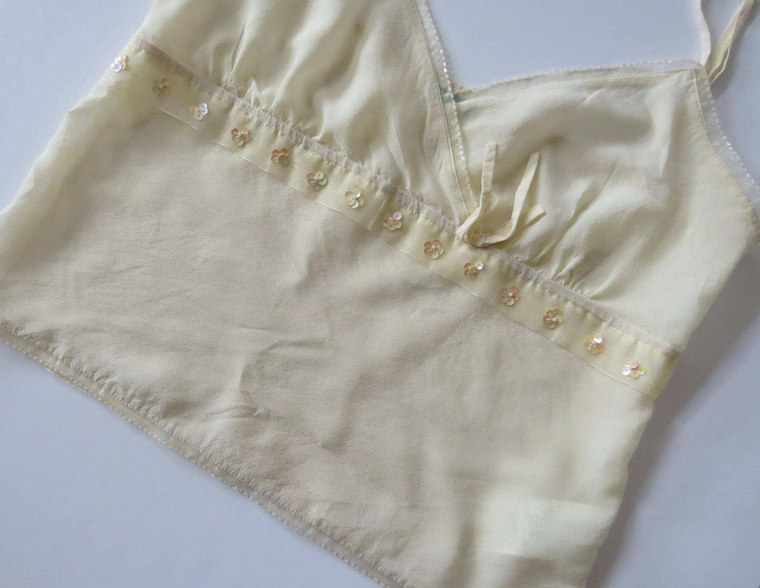 Vintage Italian Silk Butter Yellow Beaded Camisole, Sequins Cami, Made in Italy - Thumbnail 5