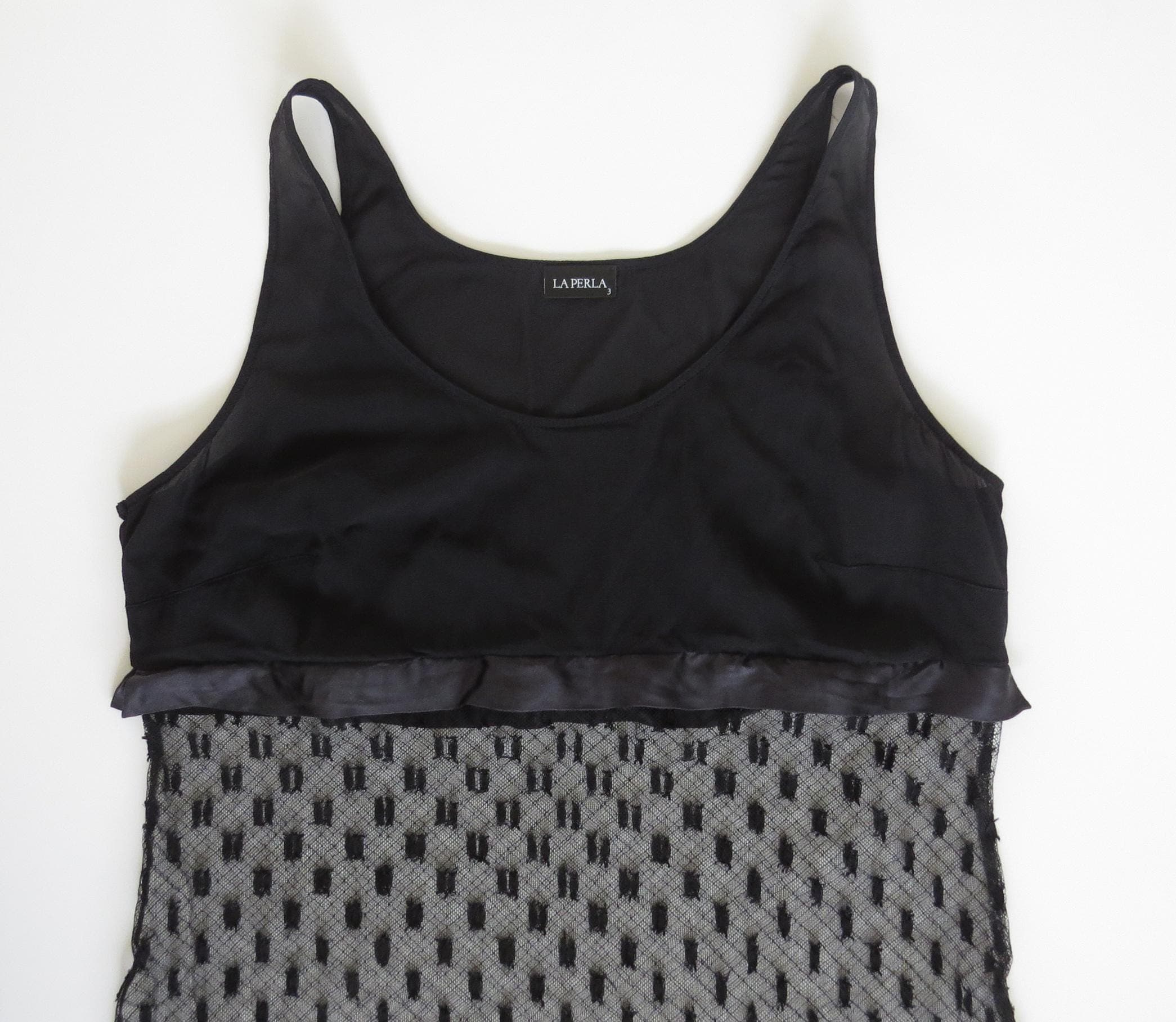 Vintage La Perla Silk & Tulle Polka Dot Black Chemise Italy