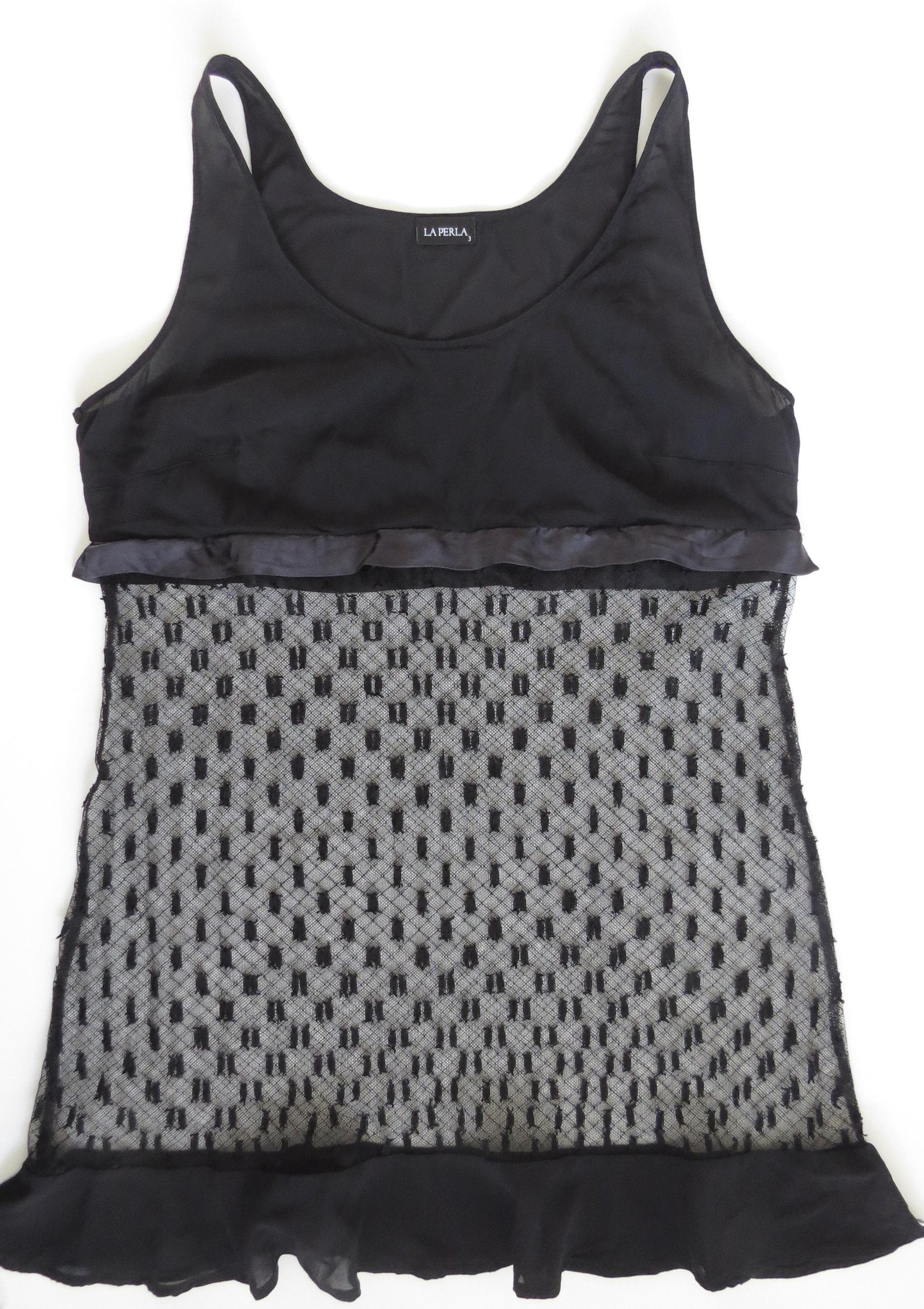 Vintage La Perla Silk & Tulle Polka Dot Black Chemise Italy - Thumbnail 2
