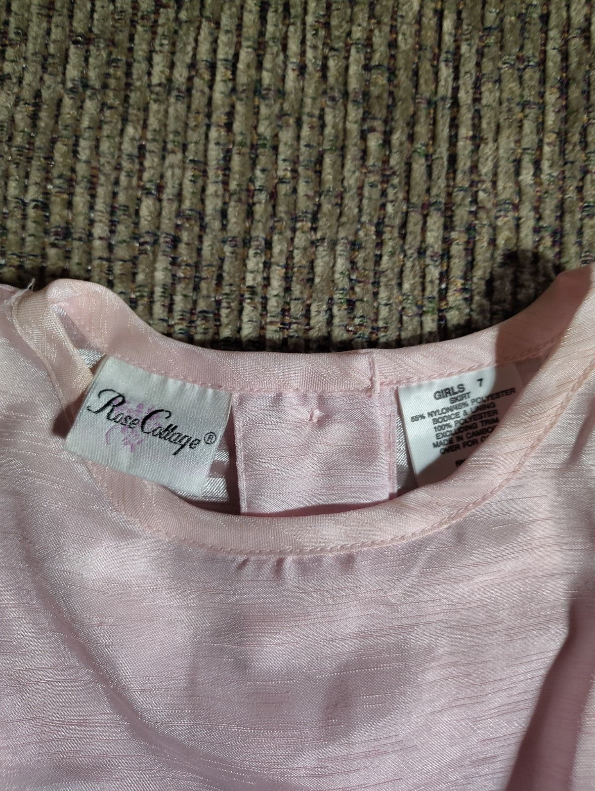 Rose Cottage Girls size 7 special occasion dress, pink satin, flower overlay - Thumbnail 6