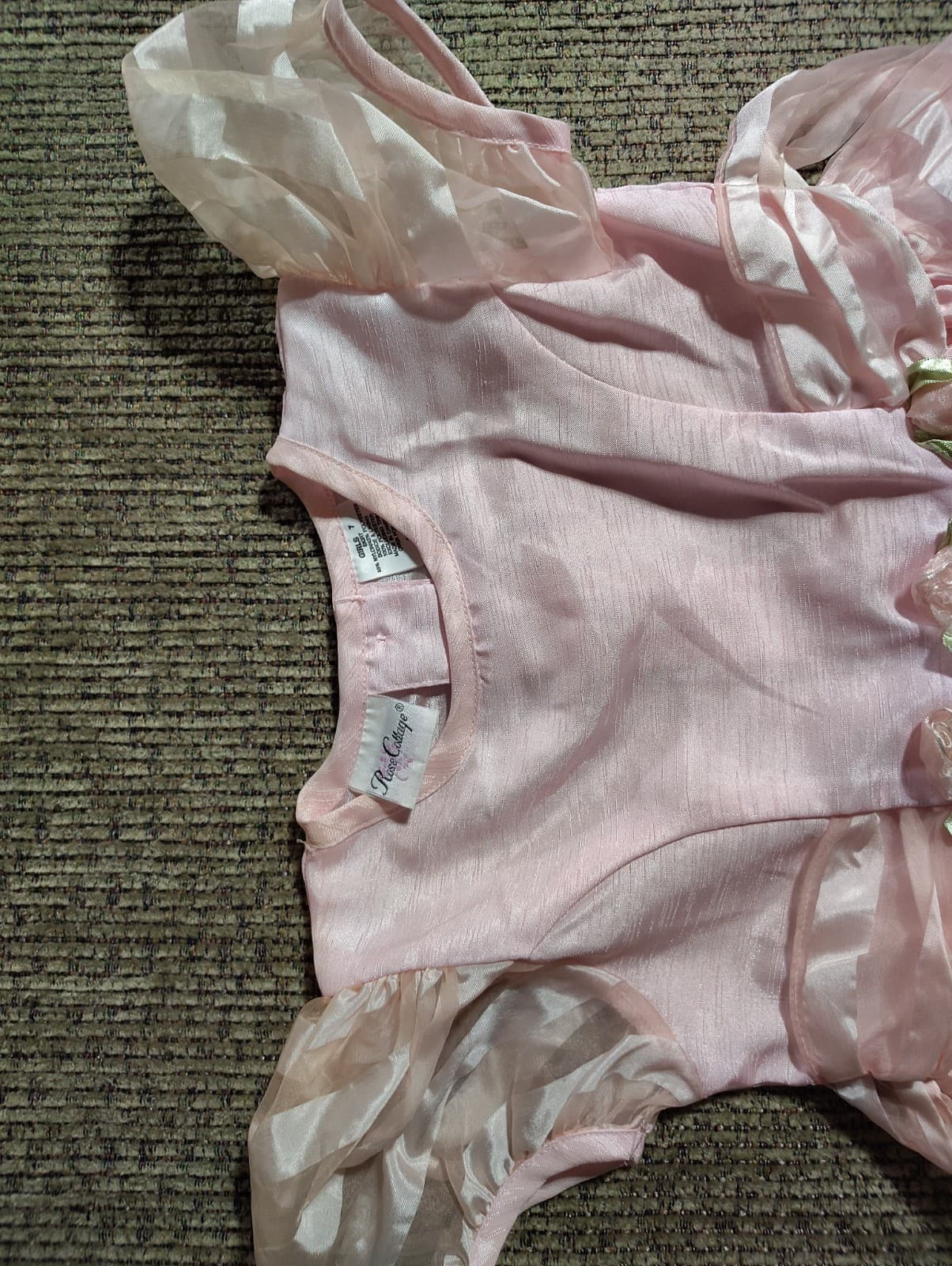 Rose Cottage Girls size 7 special occasion dress, pink satin, flower overlay - Thumbnail 5