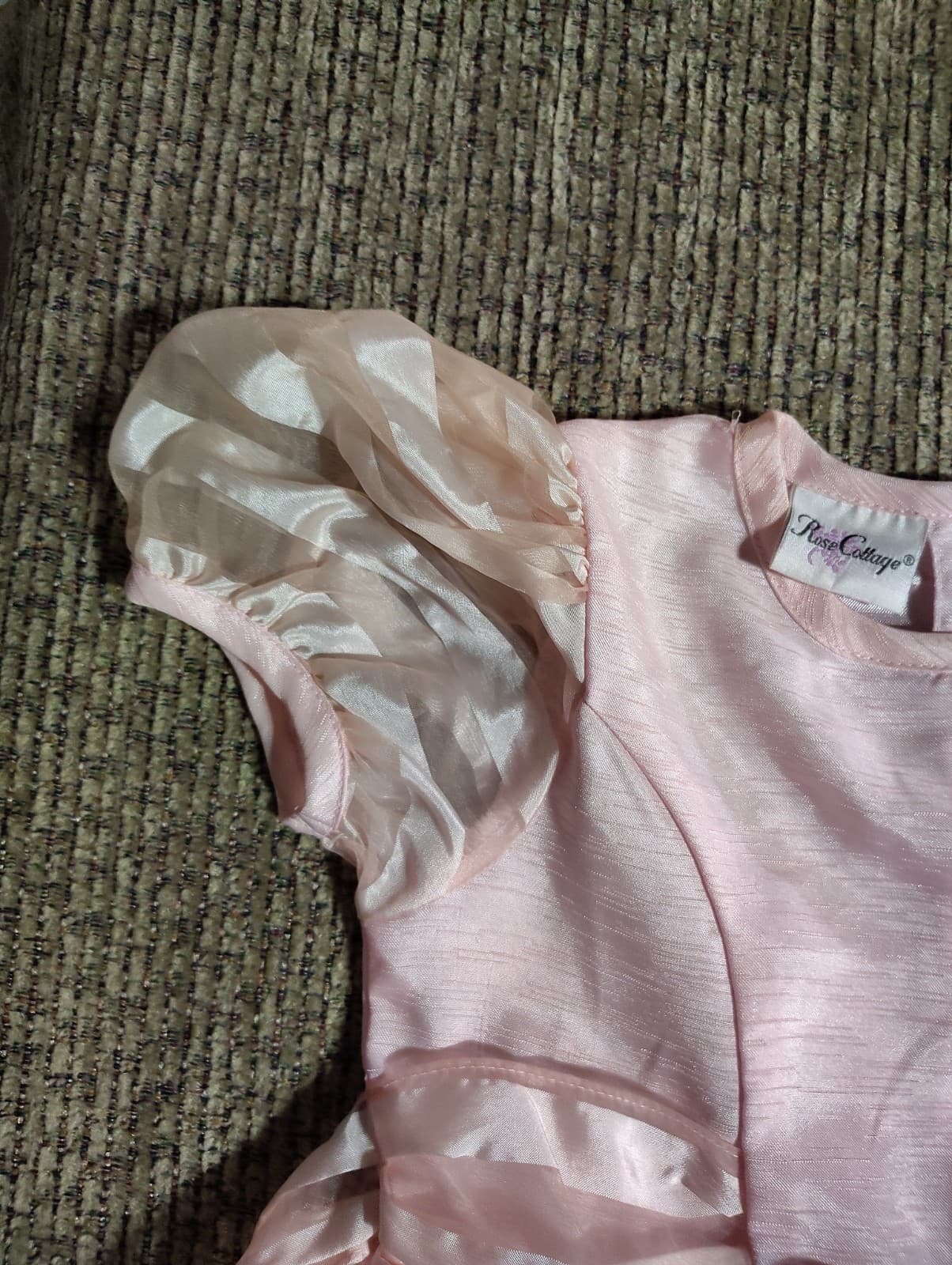 Rose Cottage Girls size 7 special occasion dress, pink satin, flower overlay - Thumbnail 3