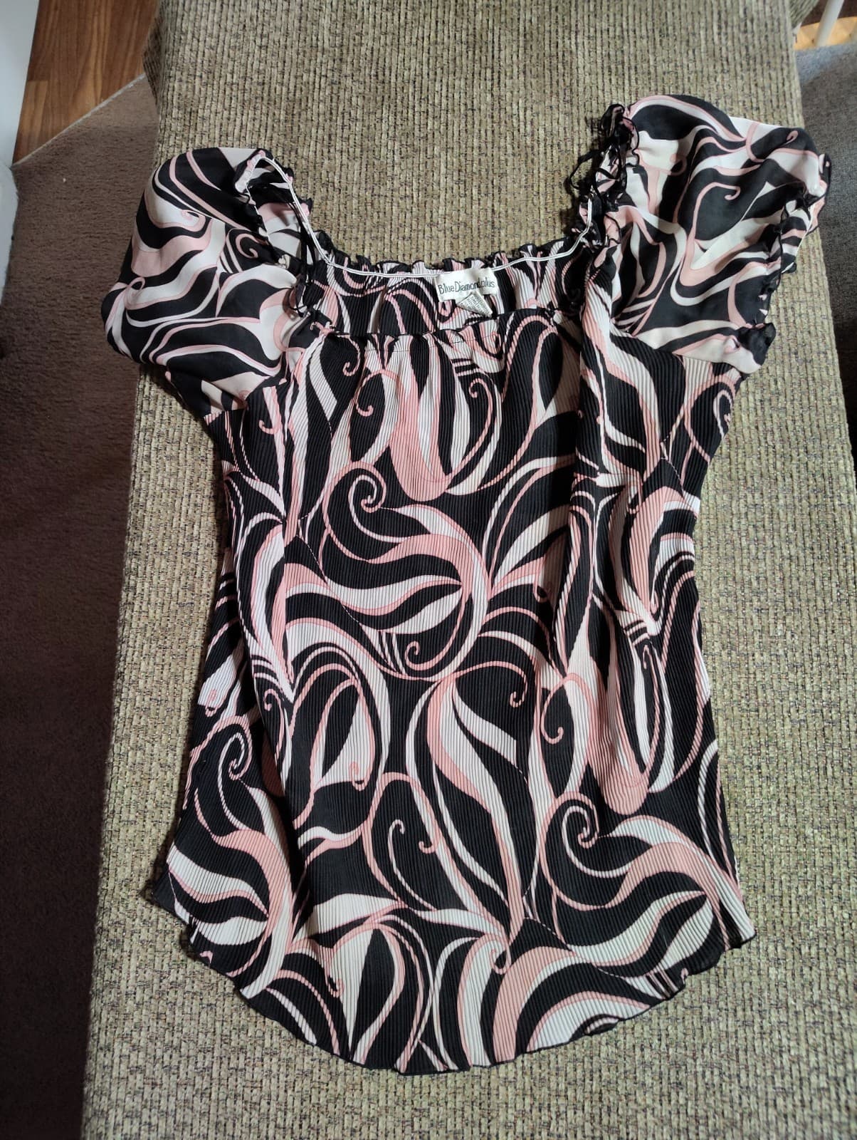 Vintage Blue Diamond Multicolor Peplum Puff Sleeve Blouse Size 20