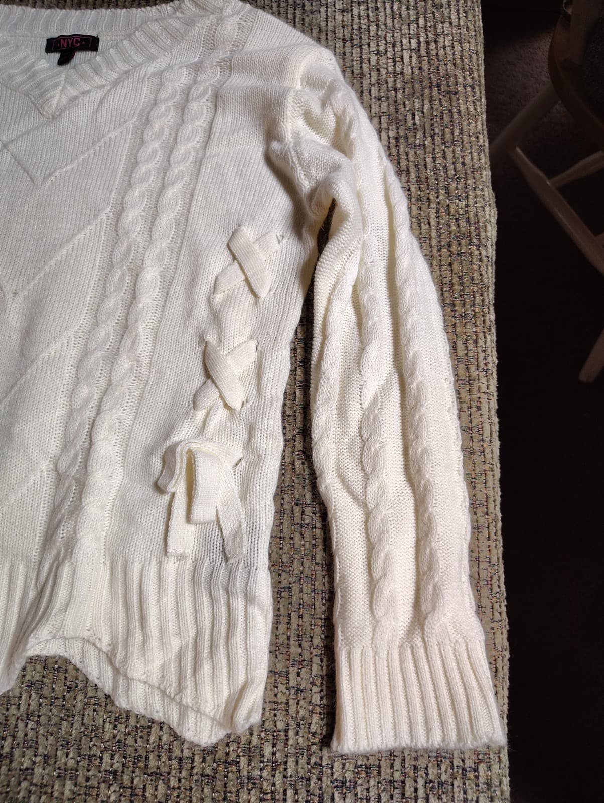 NYC Ivory Long Sleeve V-Neck Lace Up Acrylic Sweater - Size L - Thumbnail 3