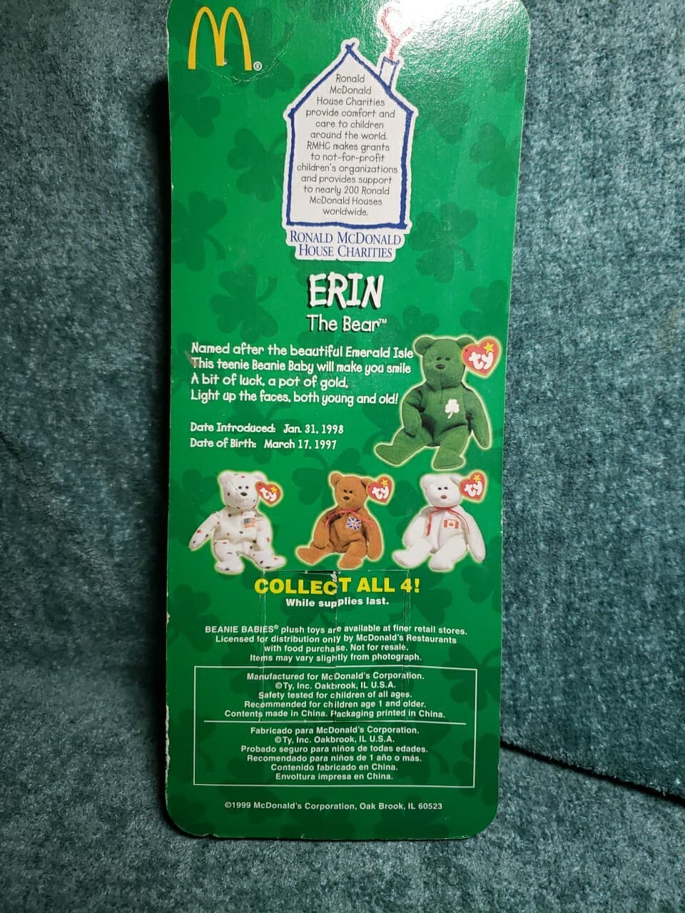 Erin The Bear-1996 McDonalds Ty Beanie Baby with multiple Rare Errors 1993 - Thumbnail 2