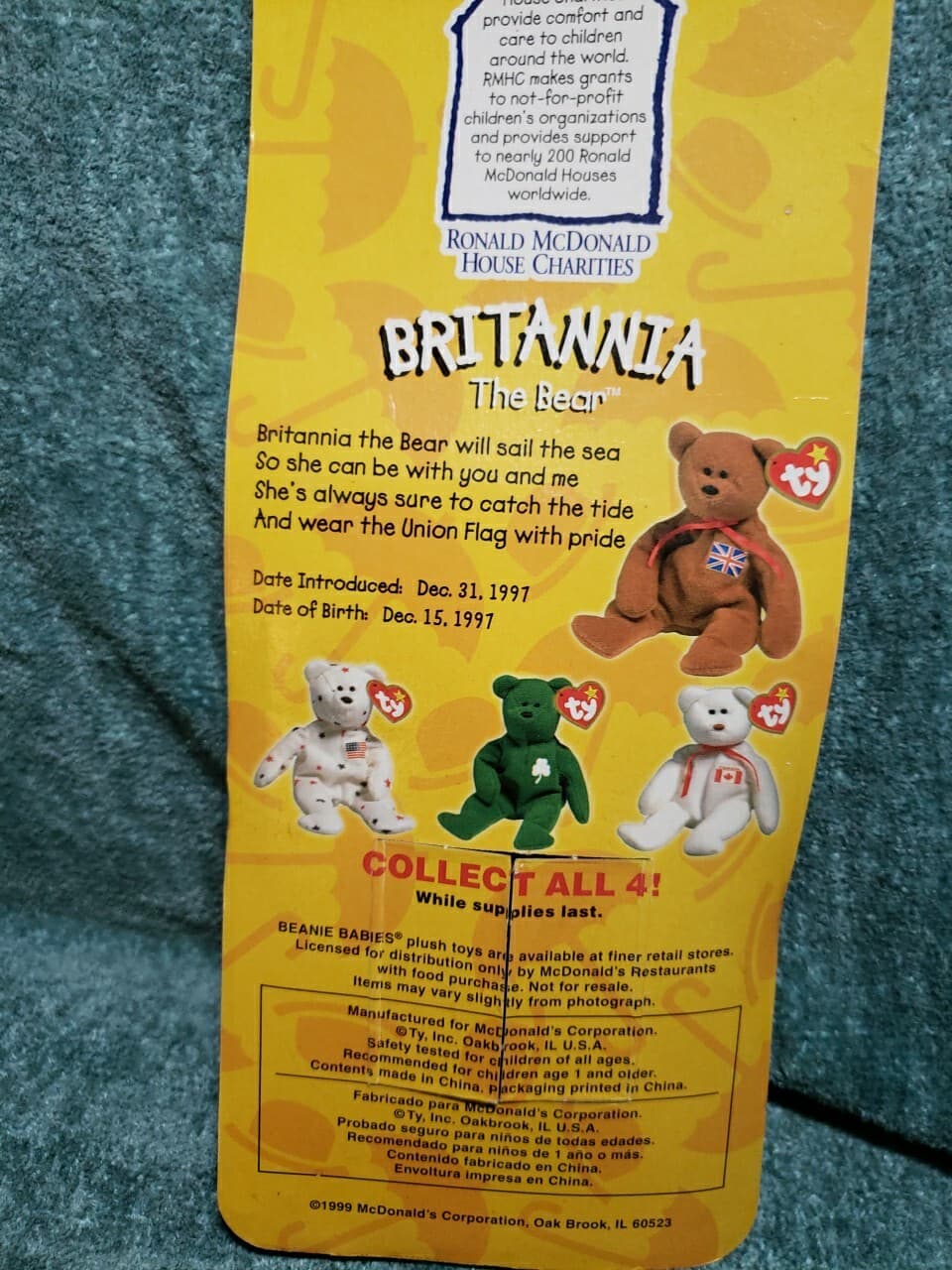 Britannia The Bear-1997 McDonalds Ty Beanie Baby with Rare Errors 1993 - Thumbnail 2