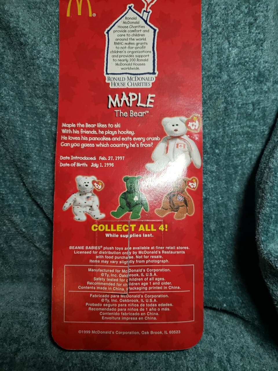 Maple The Bear-1996 McDonalds Ty Beanie Baby with Multiple rare errors 1993 - Thumbnail 2