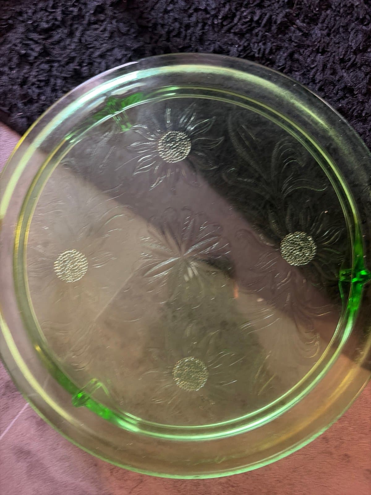 Jeannette Glass green "Sunflower" footed cake plate, Vintage Uranium Glass