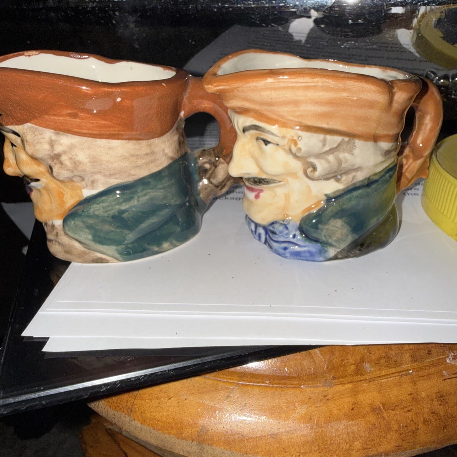 Vintage Toby Style Character Jug Or Mug Mustache With Hat Man Set Of 2 - Thumbnail 2
