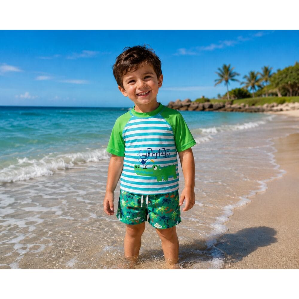 Toddler Boys Rash Guard Swim Shirt – Green & Blue Striped Alligator - Thumbnail 2