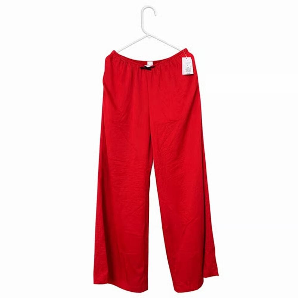 Red straight-leg pajama pants with elastic waistband - Thumbnail 2