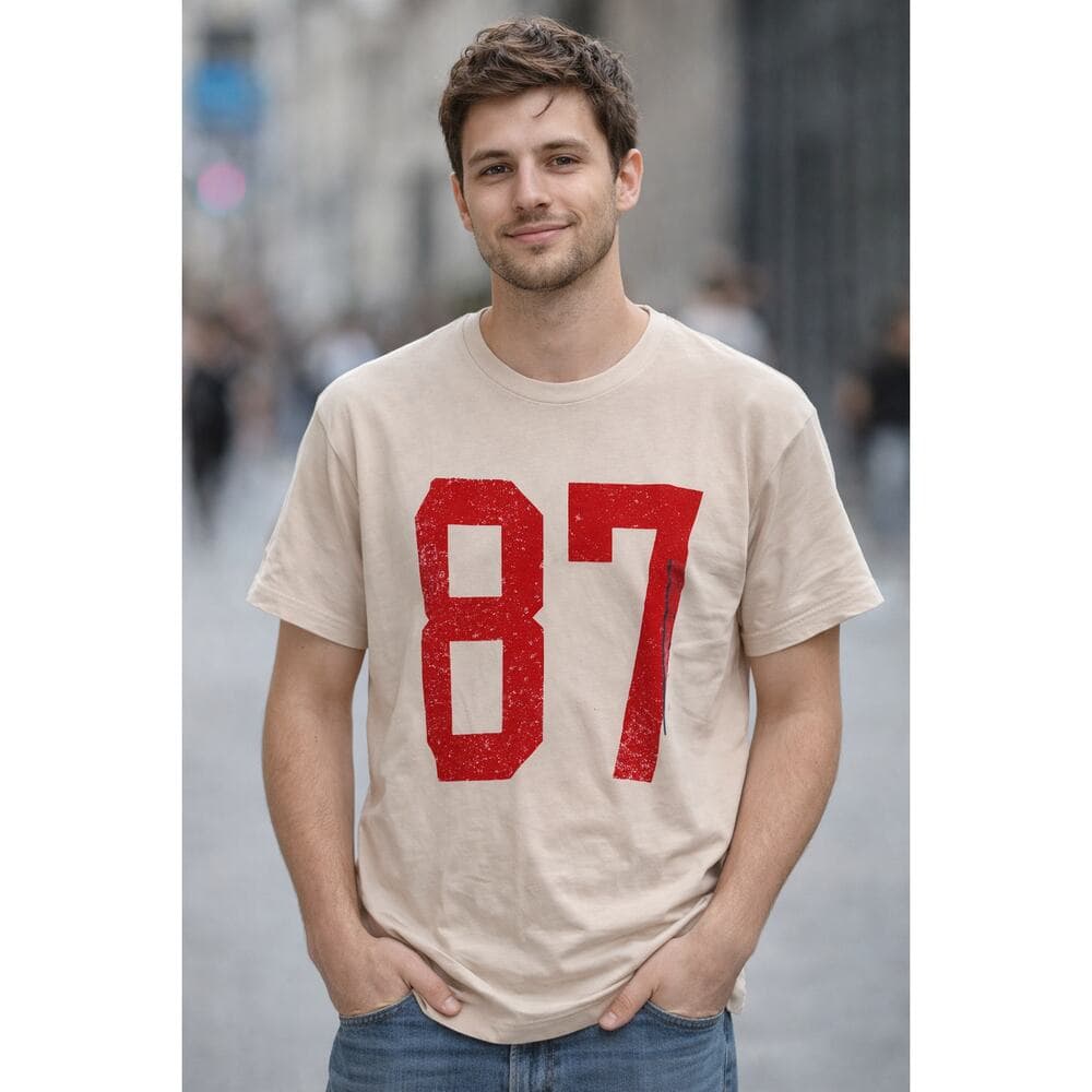 Men’s Graphic T-Shirt “87” Beige Short Sleeve Casual Tee Vintage Style - Thumbnail 2