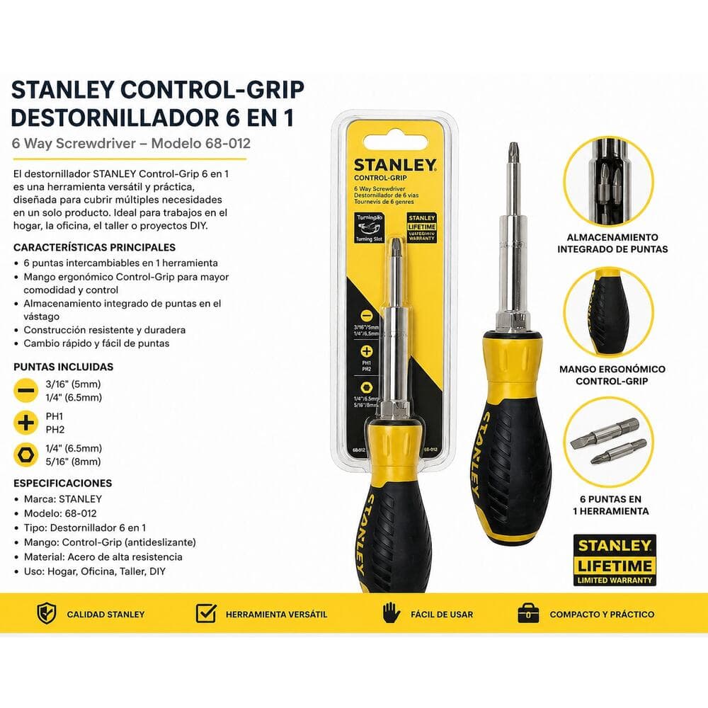 Stanley Control-Grip 6-Way Screwdriver Multi-Bit Tool Heavy Duty Hand Tool - Thumbnail 3