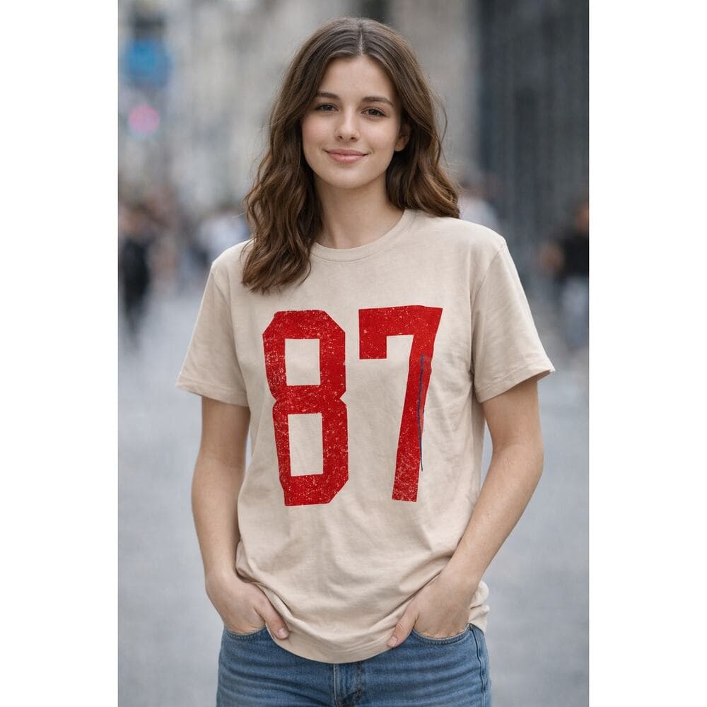 Men’s Graphic T-Shirt “87” Beige Short Sleeve Casual Tee Vintage Style - Thumbnail 3